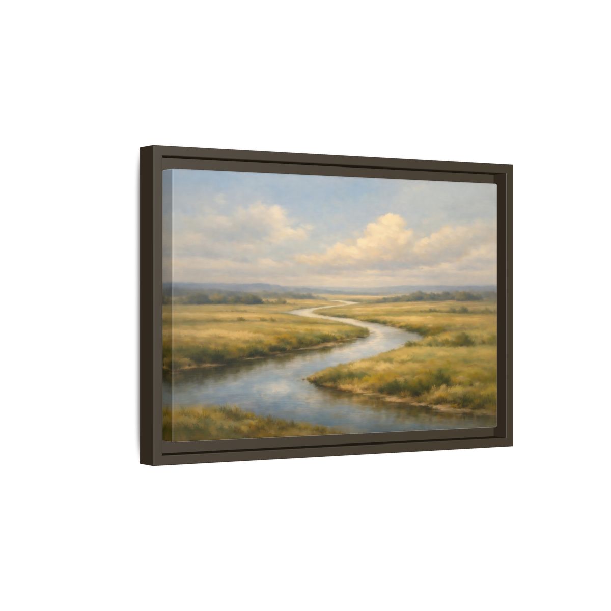 Side Mockup 5. Nature Winding River Blue And Gold shown as stretched canvas wall art