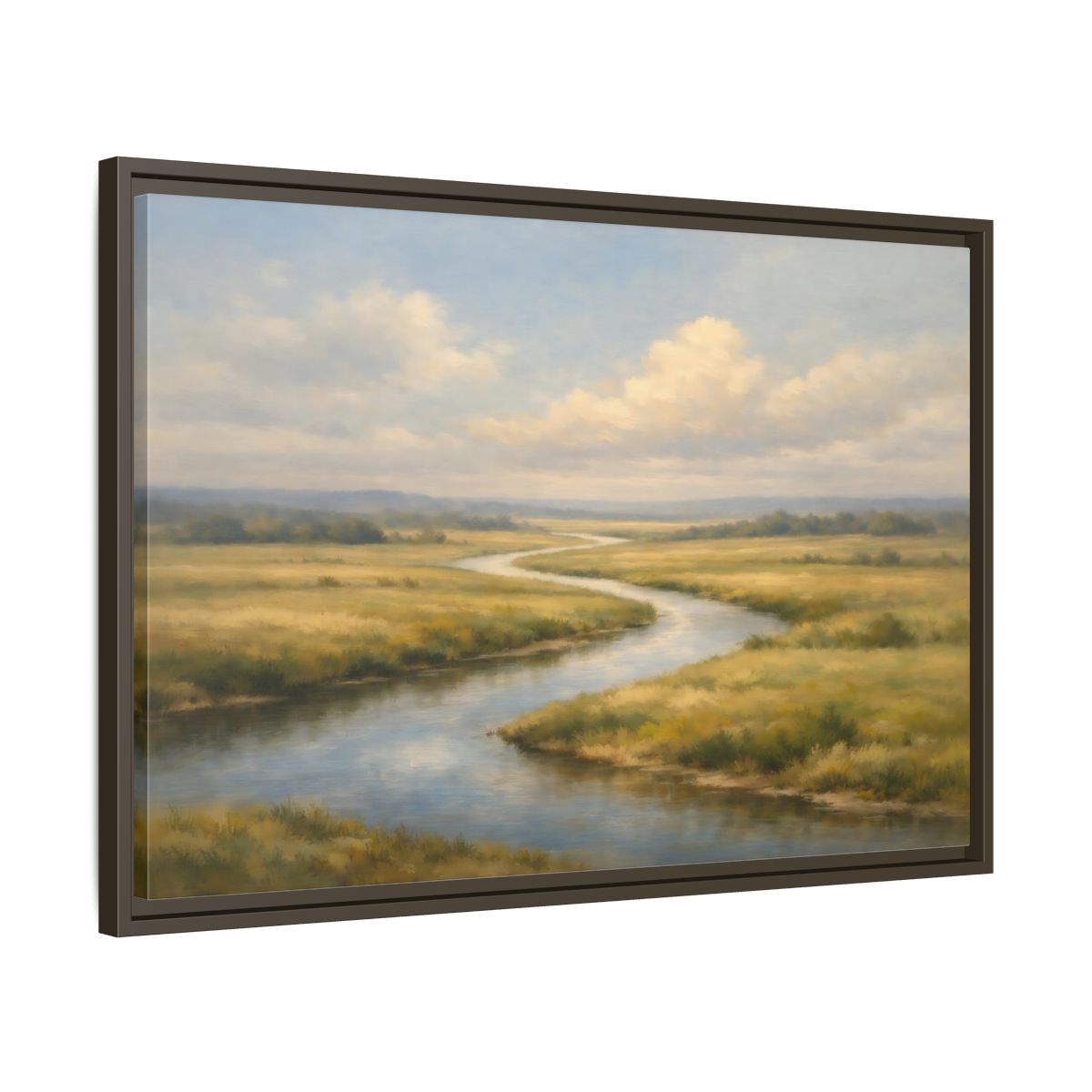 Side Mockup 11. Nature Winding River Blue And Gold shown as stretched canvas wall art
