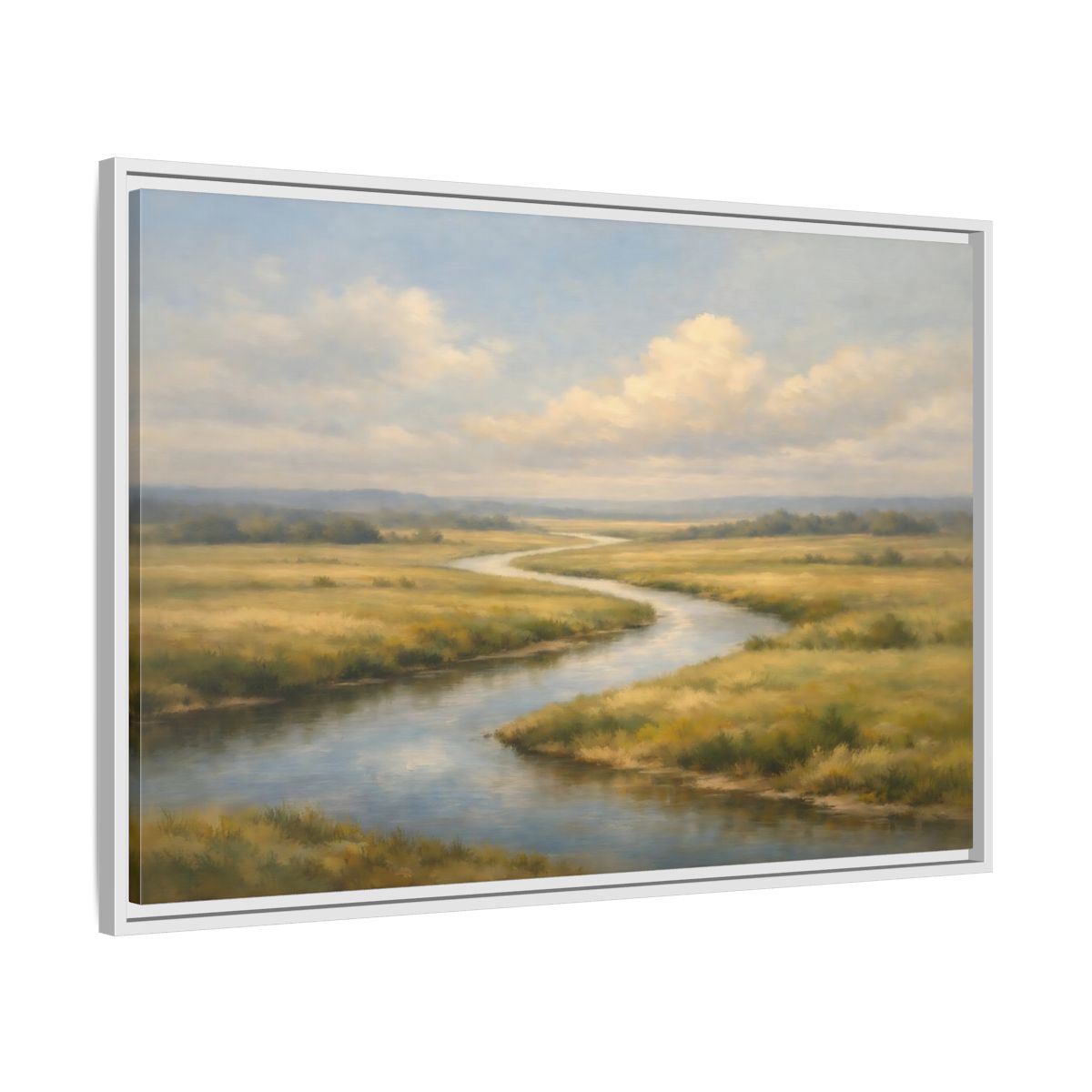 Side Mockup 8. Nature Winding River Blue And Gold shown as stretched canvas wall art