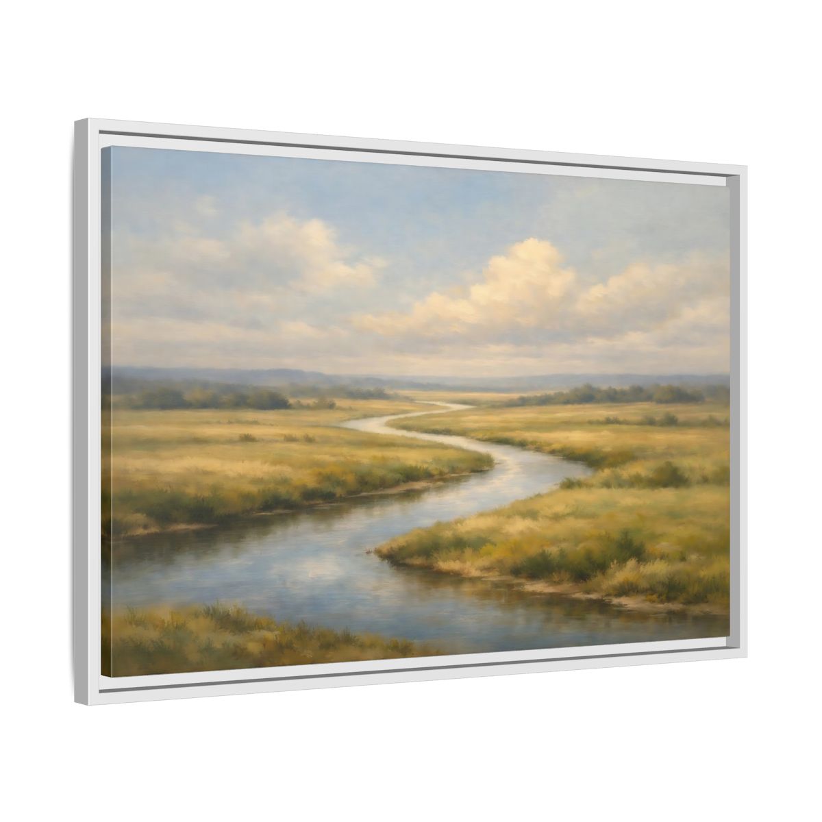 Side Mockup 10. Nature Winding River Blue And Gold shown as stretched canvas wall art