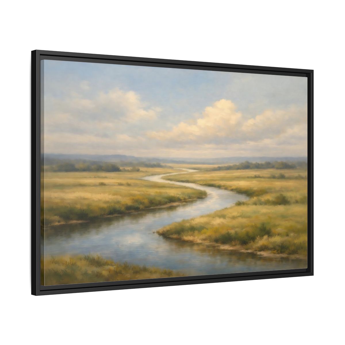 Side Mockup 13. Nature Winding River Blue And Gold shown as stretched canvas wall art