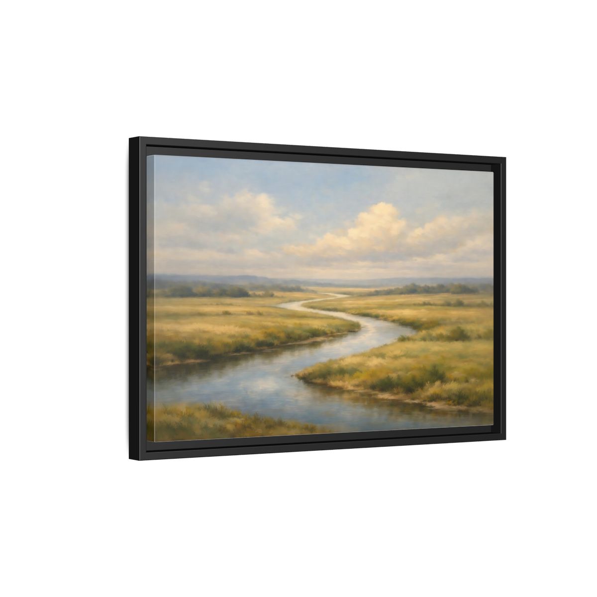 Side Mockup 3. Nature Winding River Blue And Gold shown as stretched canvas wall art