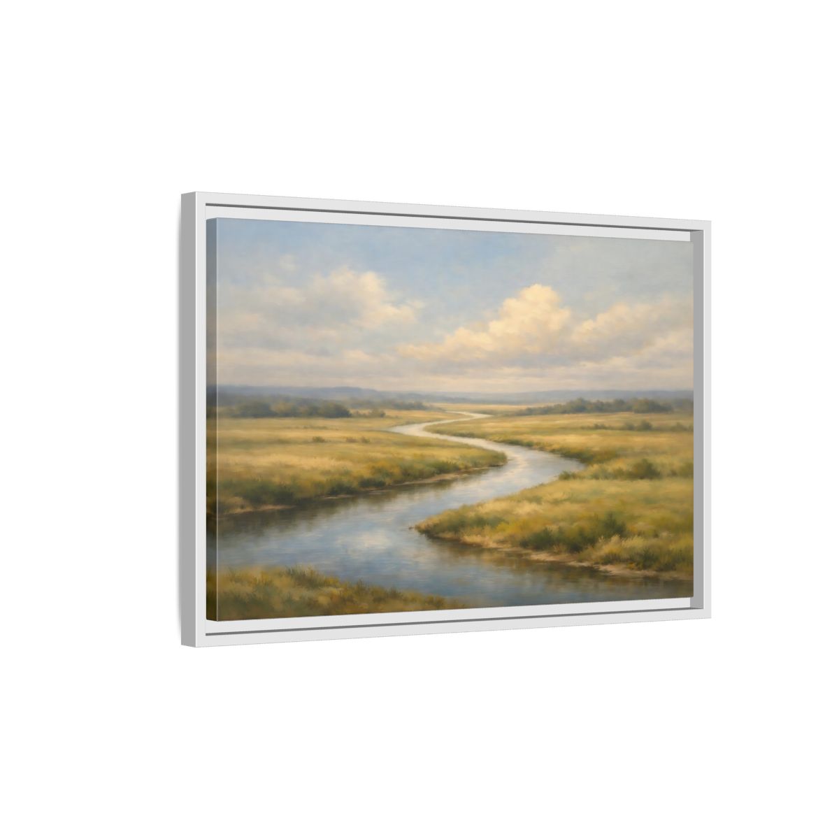 Side Mockup 1. Nature Winding River Blue And Gold shown as stretched canvas wall art