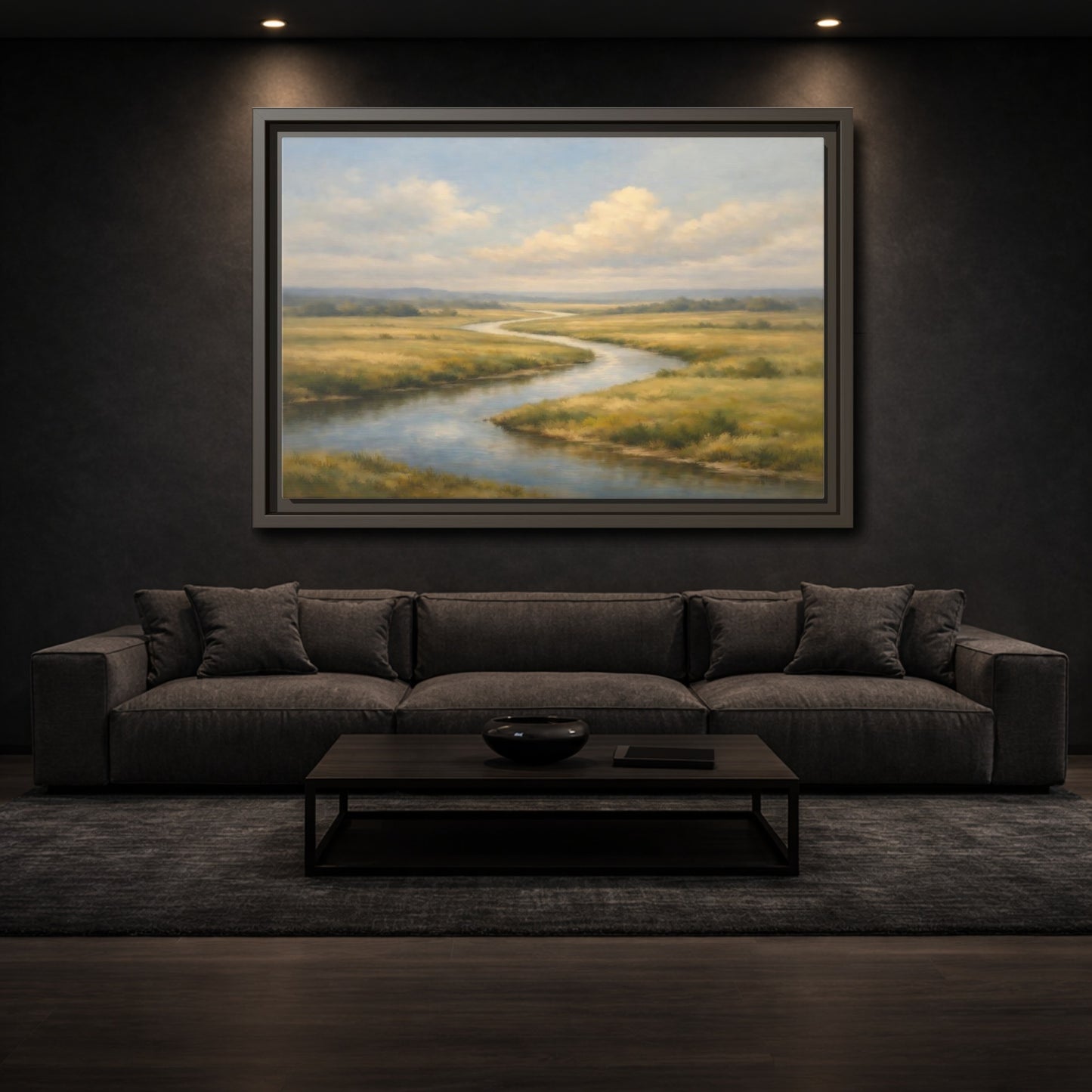 Mockup 2. Nature Winding River Blue And Gold shown as stretched canvas wall art