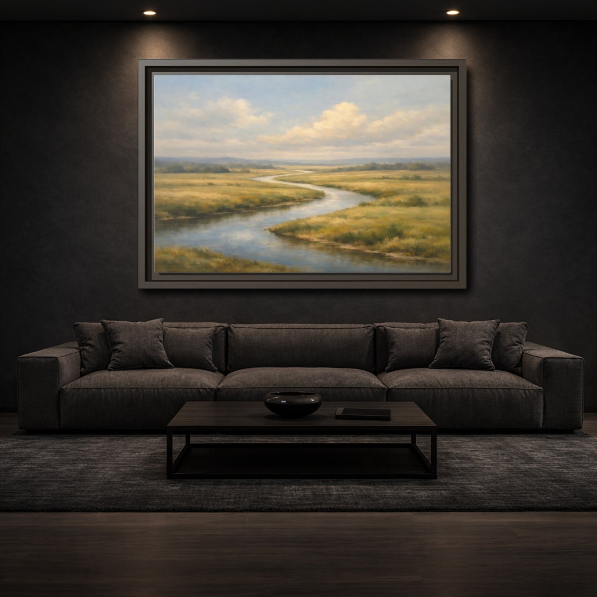 Mockup 2. Nature Winding River Blue And Gold shown as stretched canvas wall art