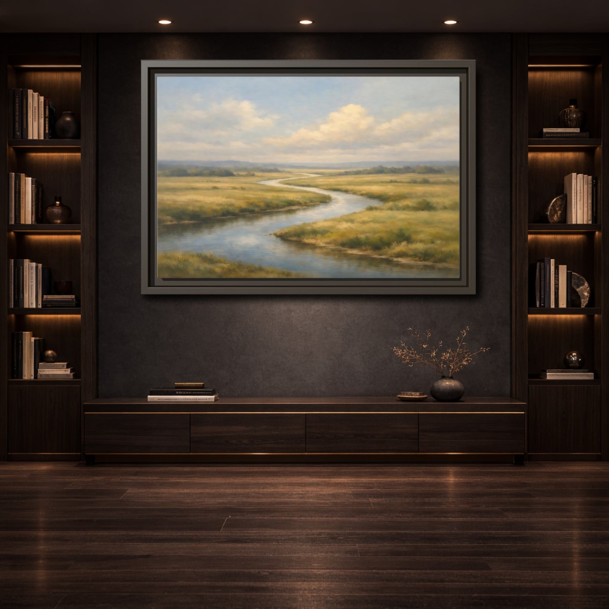 Mockup 3. Nature Winding River Blue And Gold shown as stretched canvas wall art