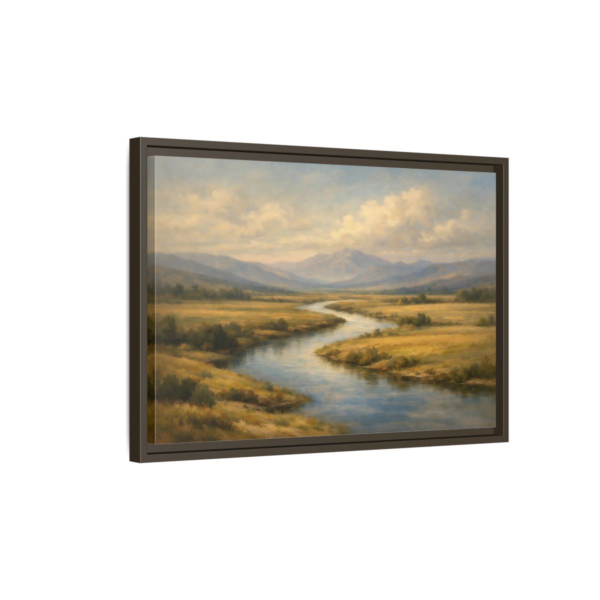 Side Mockup 2. Nature Winding River Brown And Blue shown as stretched canvas wall art
