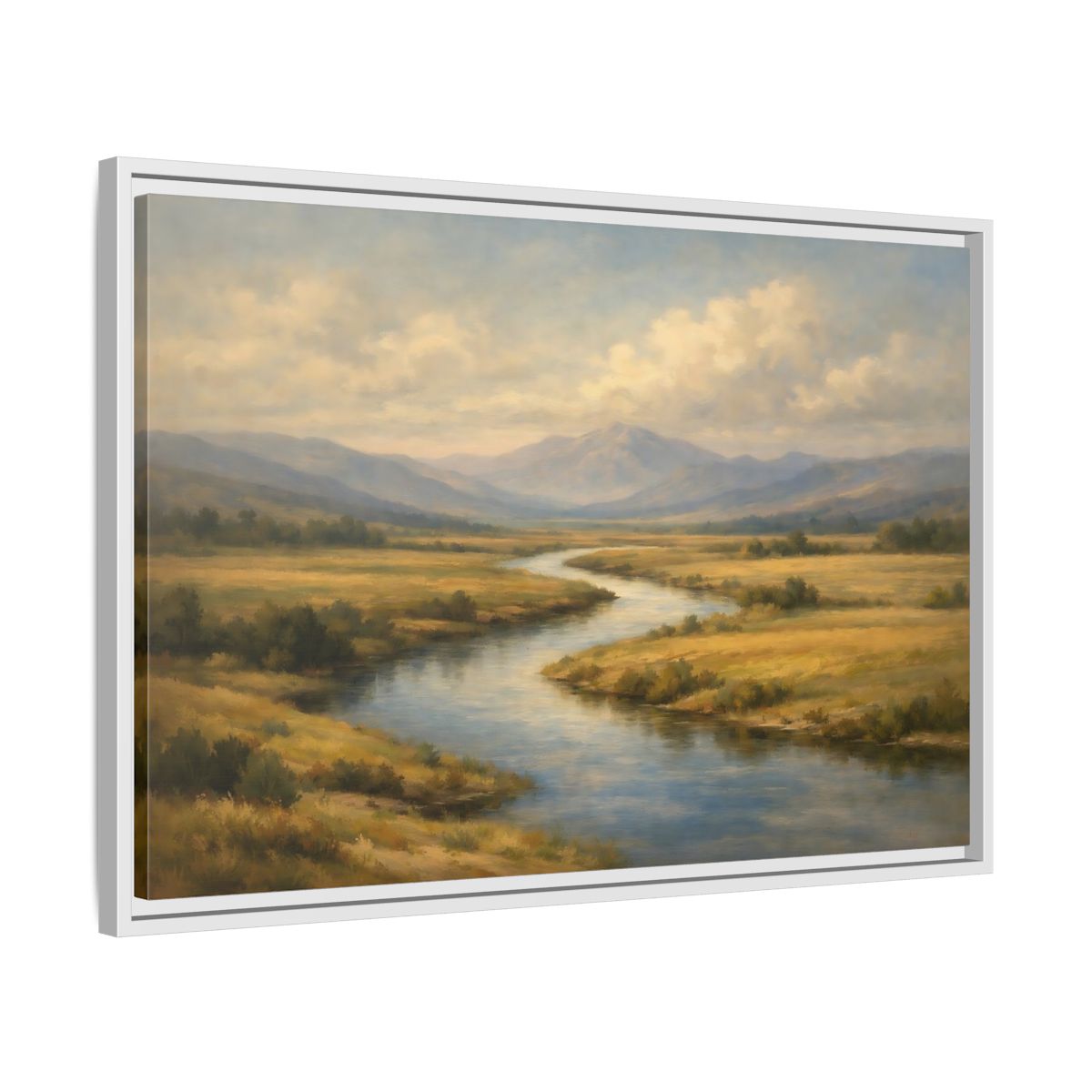 Side Mockup 10. Nature Winding River Brown And Blue shown as stretched canvas wall art