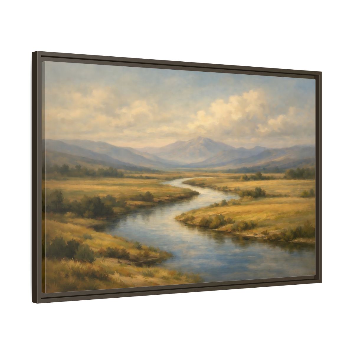 Side Mockup 9. Nature Winding River Brown And Blue shown as stretched canvas wall art