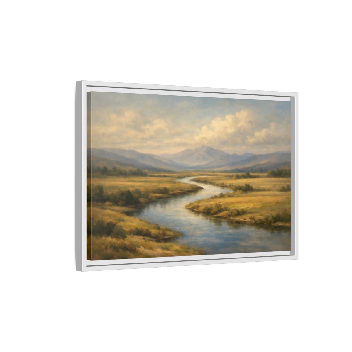 Side Mockup 1. Nature Winding River Brown And Blue shown as stretched canvas wall art
