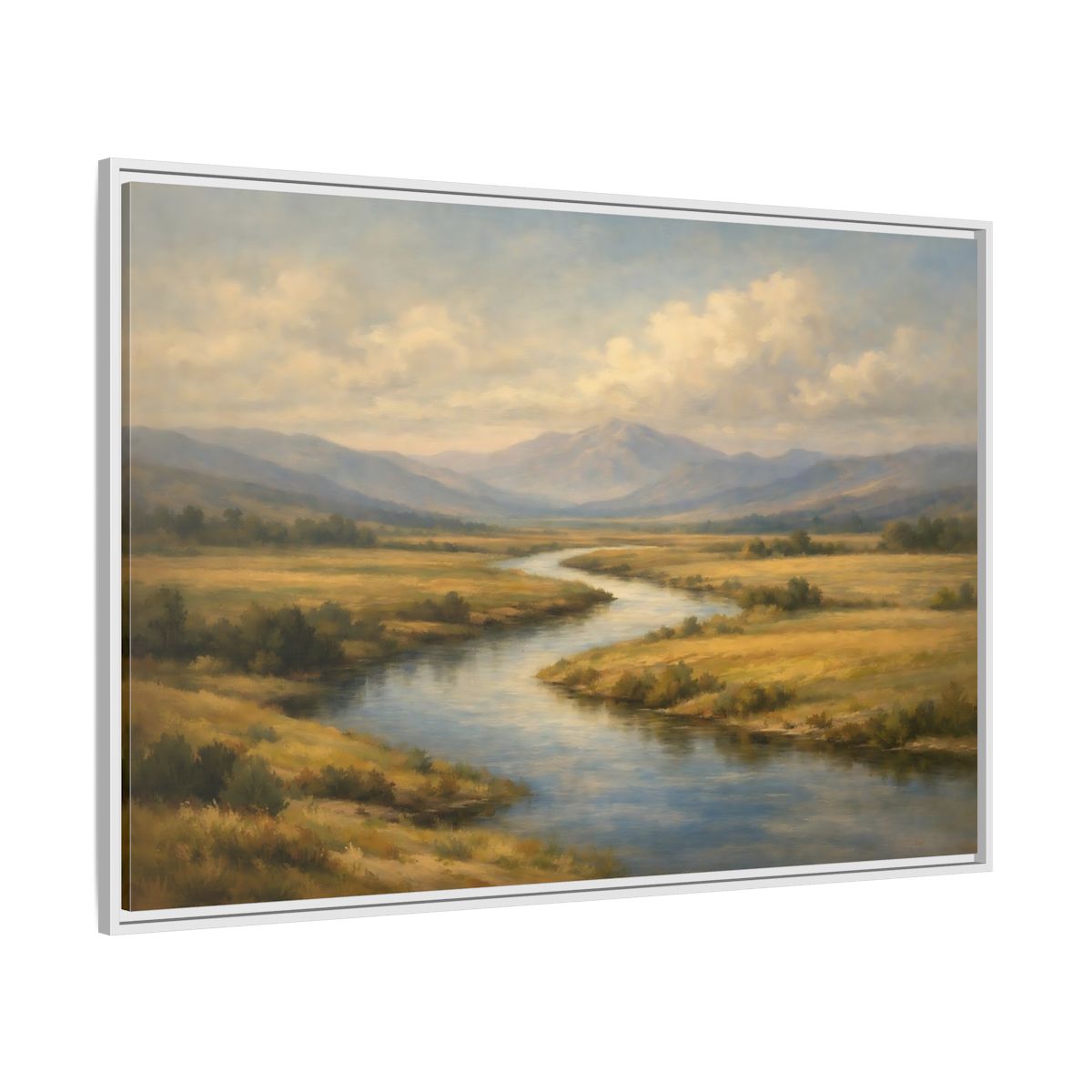 Side Mockup 7. Nature Winding River Brown And Blue shown as stretched canvas wall art