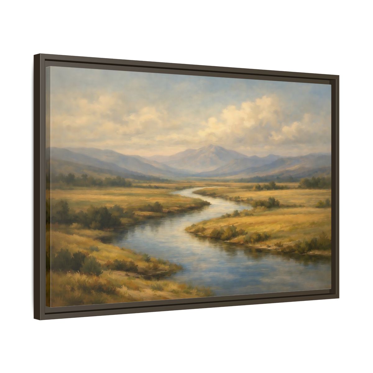 Side Mockup 11. Nature Winding River Brown And Blue shown as stretched canvas wall art