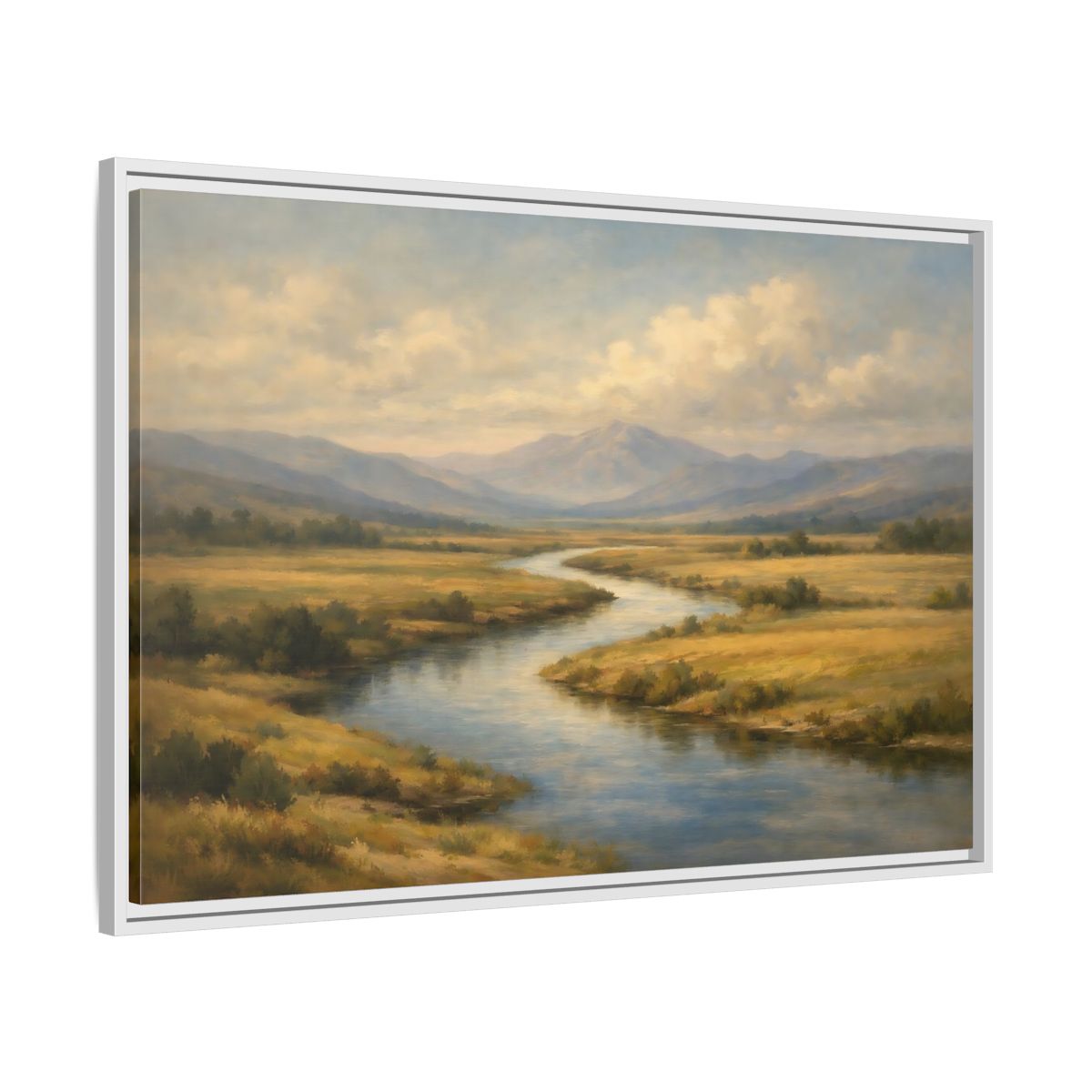 Side Mockup 8. Nature Winding River Brown And Blue shown as stretched canvas wall art