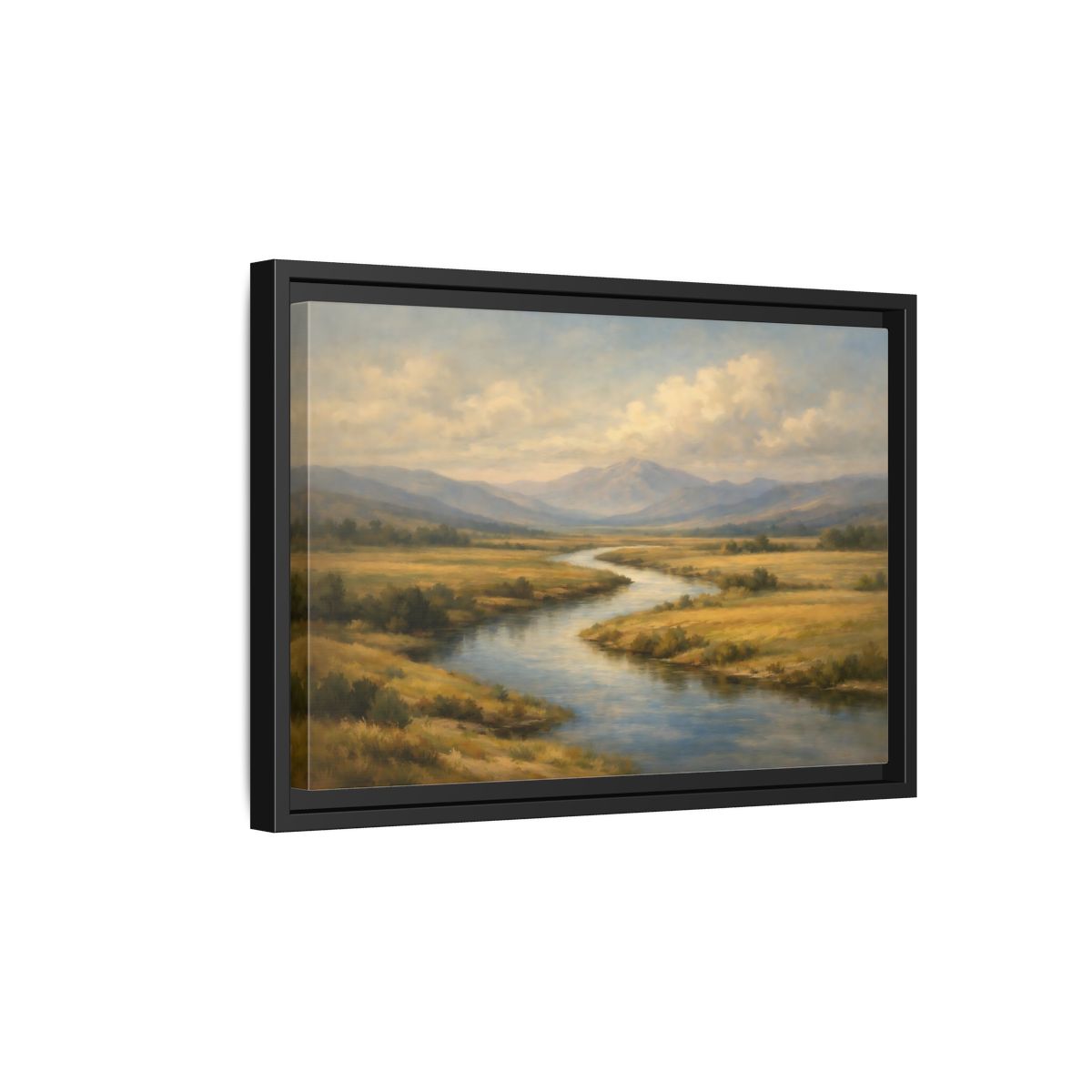 Side Mockup 6. Nature Winding River Brown And Blue shown as stretched canvas wall art