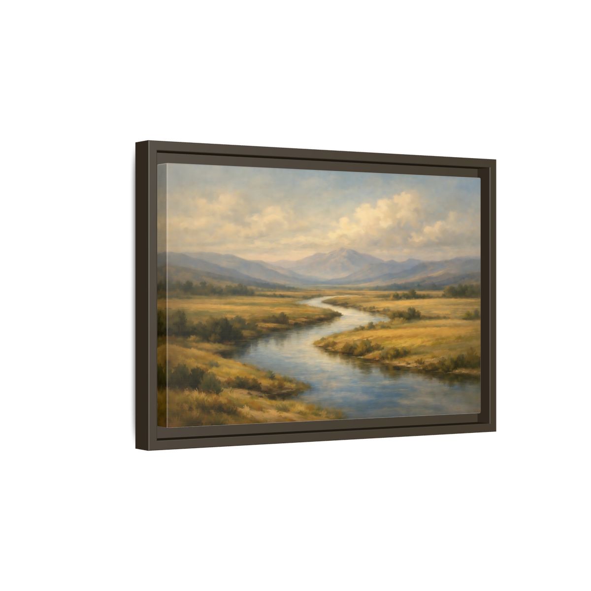 Side Mockup 5. Nature Winding River Brown And Blue shown as stretched canvas wall art