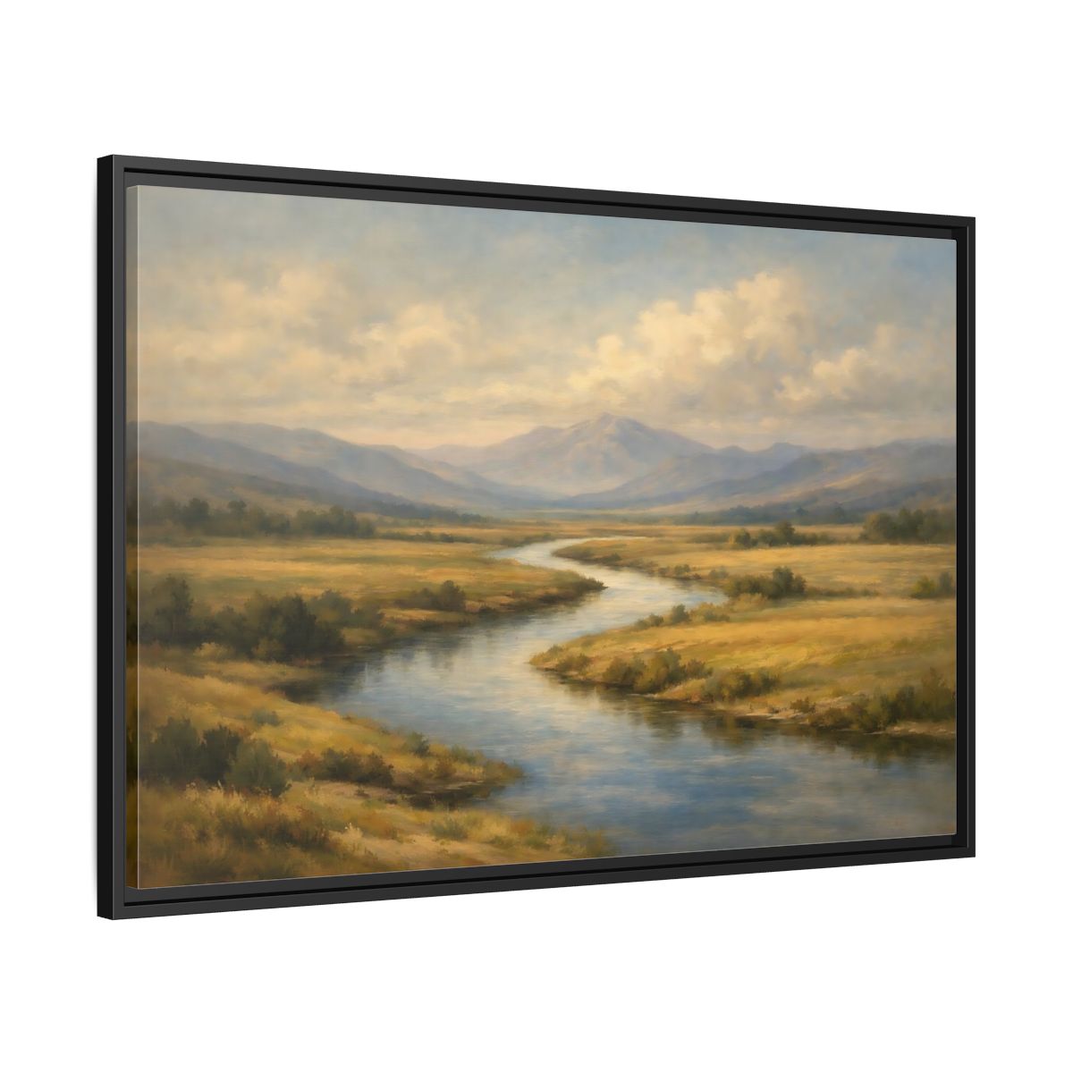 Side Mockup 13. Nature Winding River Brown And Blue shown as stretched canvas wall art
