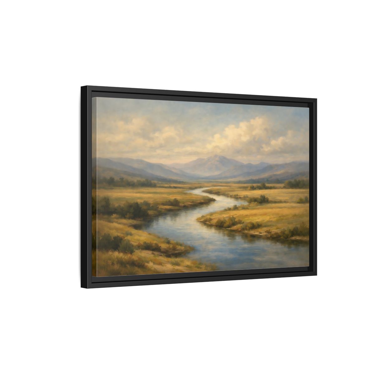 Side Mockup 3. Nature Winding River Brown And Blue shown as stretched canvas wall art