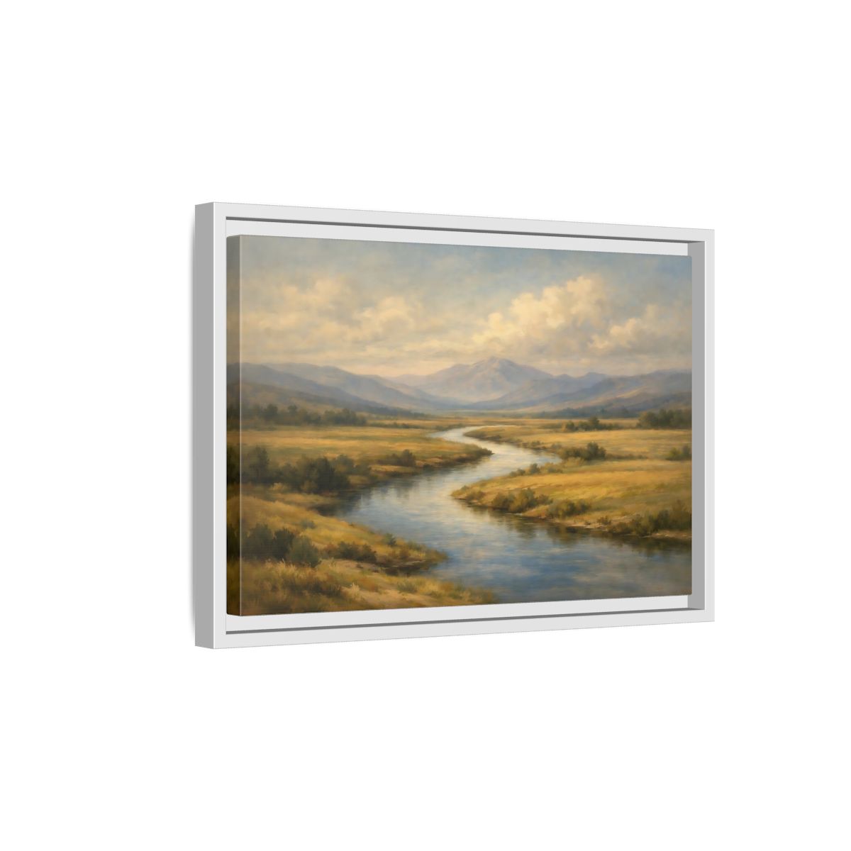 Side Mockup 4. Nature Winding River Brown And Blue shown as stretched canvas wall art