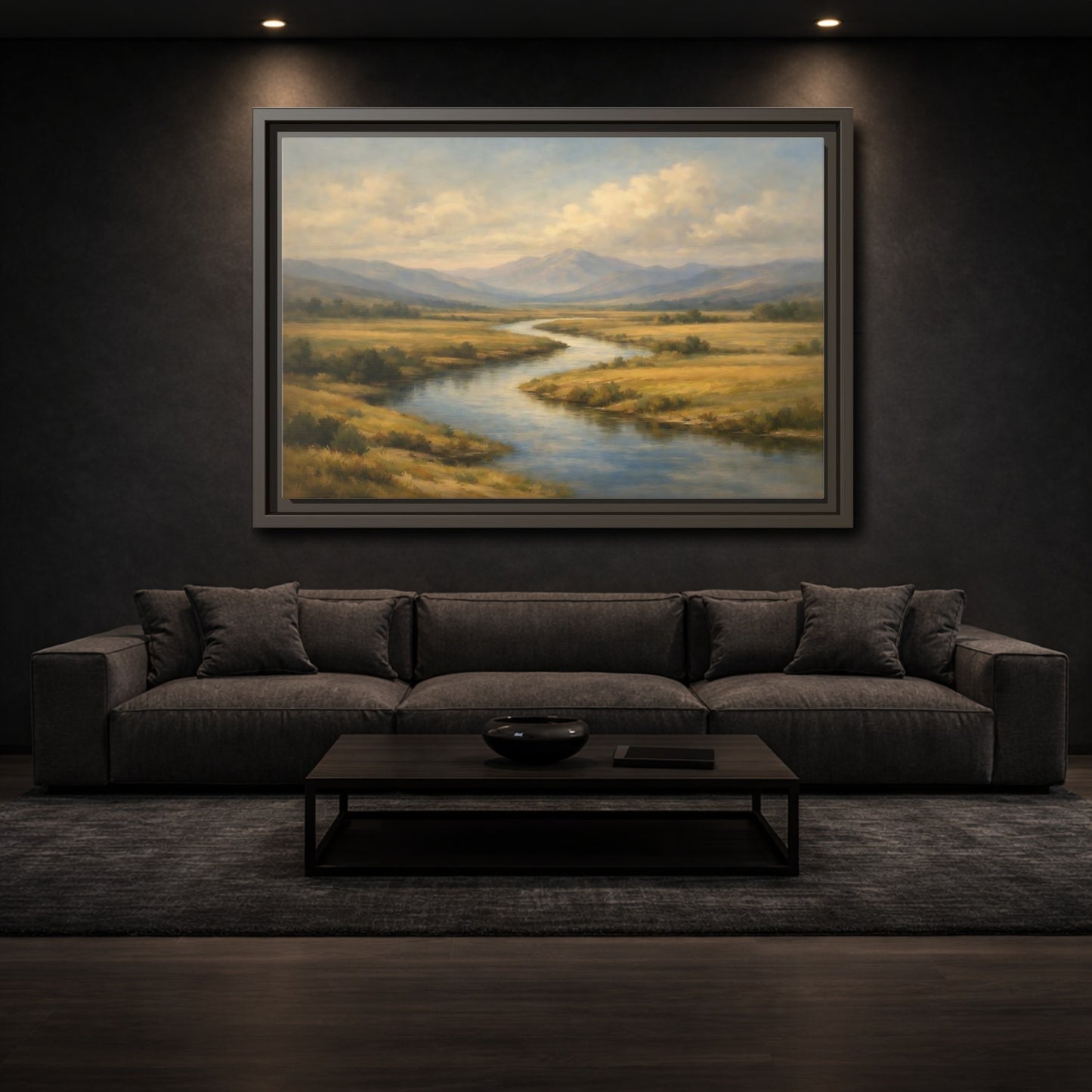 Mockup 2. Nature Winding River Brown And Blue shown as stretched canvas wall art