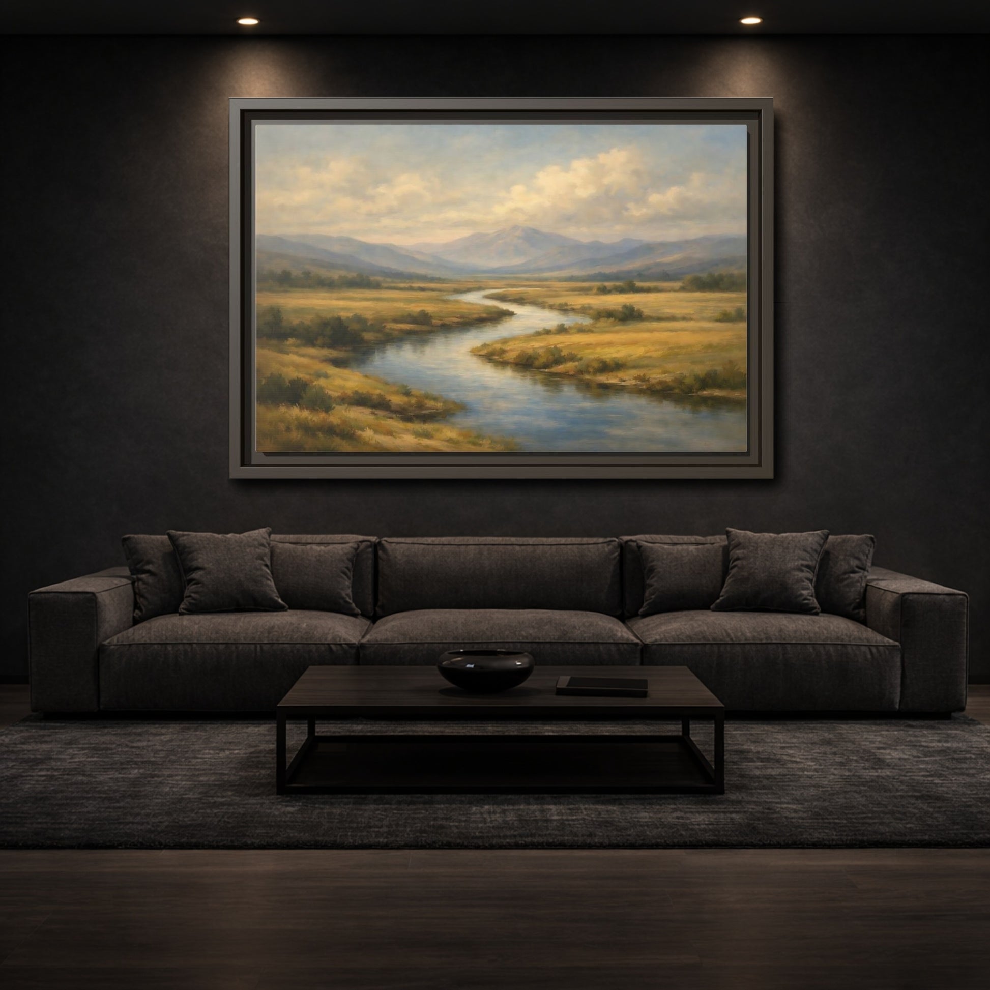 Mockup 2. Nature Winding River Brown And Blue shown as stretched canvas wall art