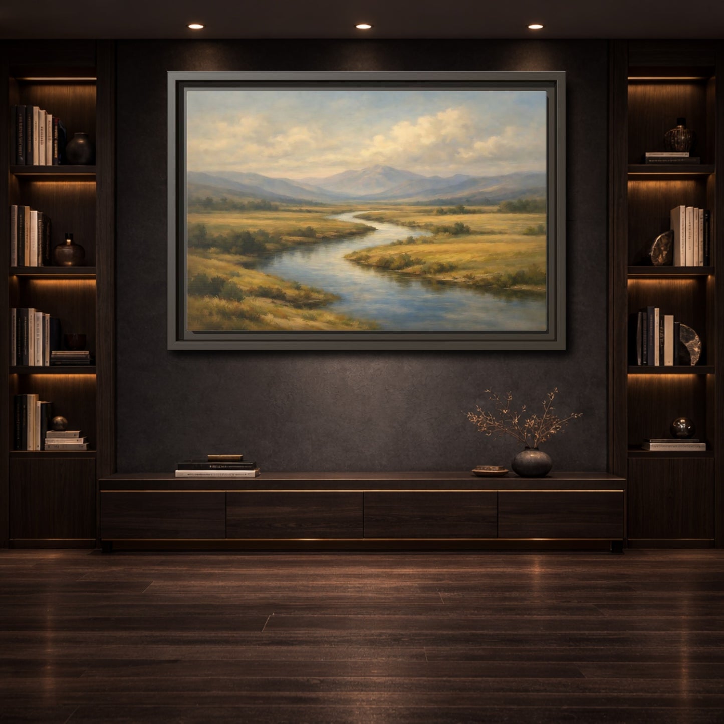 Mockup 3. Nature Winding River Brown And Blue shown as stretched canvas wall art