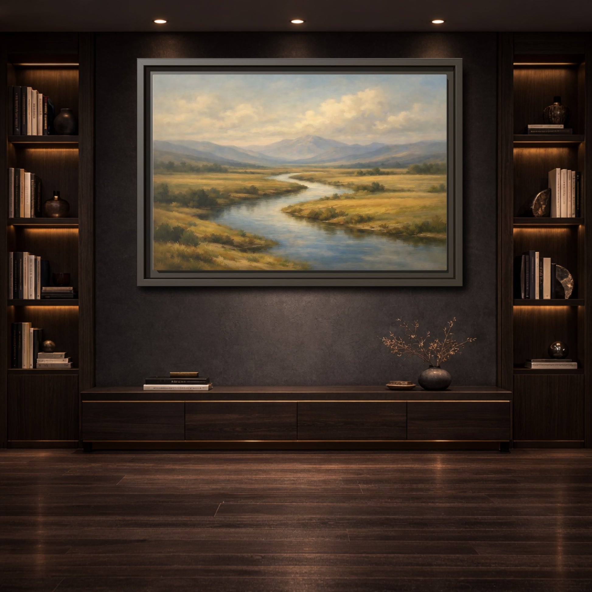Mockup 3. Nature Winding River Brown And Blue shown as stretched canvas wall art