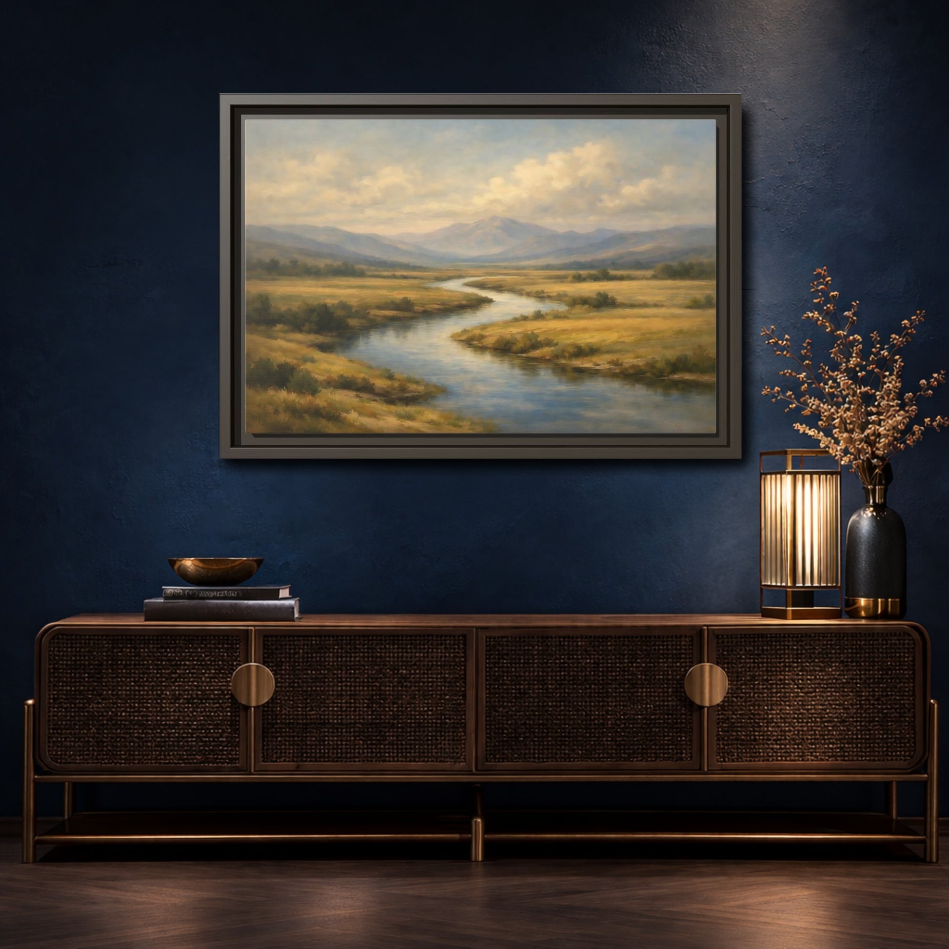 Mockup 4. Nature Winding River Brown And Blue shown as stretched canvas wall art