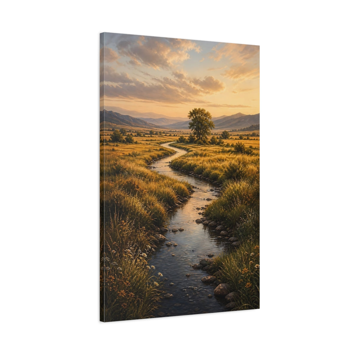 Main Mockup. Nature Winding River Golden Landscape shown as stretched canvas wall art