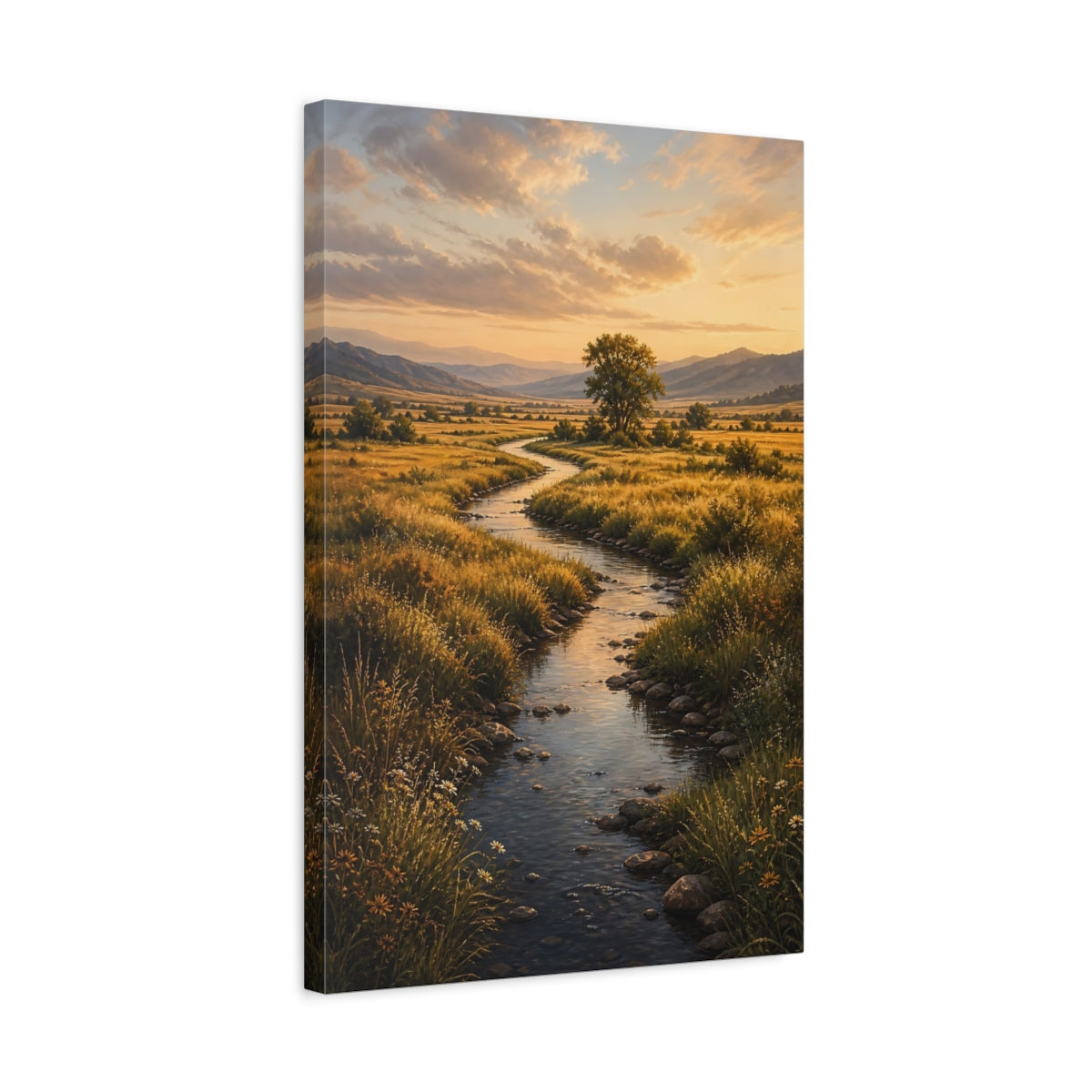 Side Mockup 3. Nature Winding River Golden Landscape shown as stretched canvas wall art