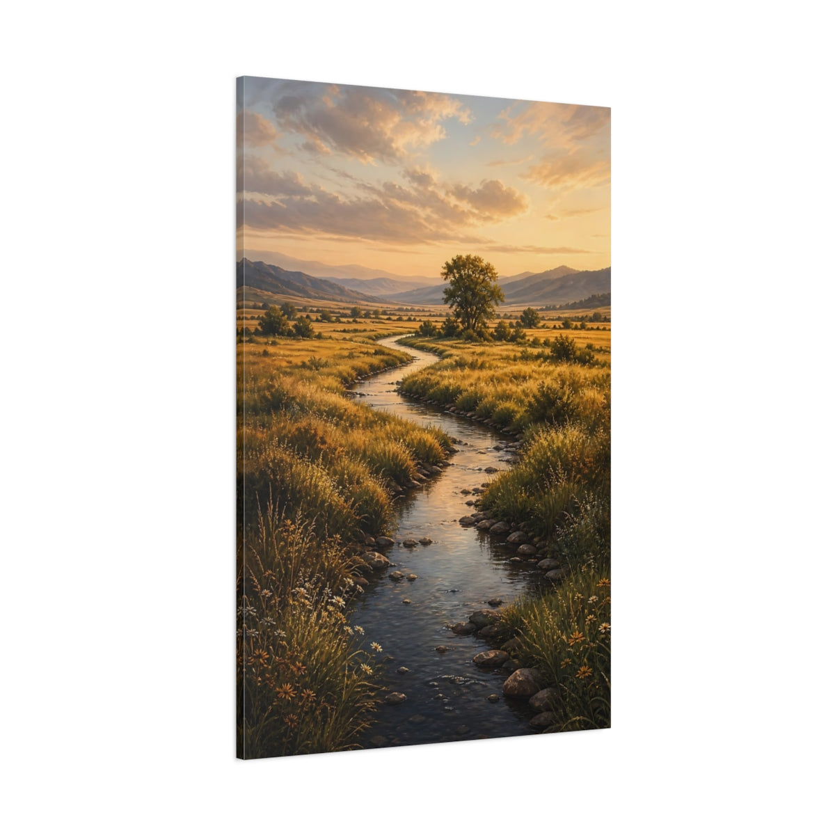 Side Mockup 1. Nature Winding River Golden Landscape shown as stretched canvas wall art
