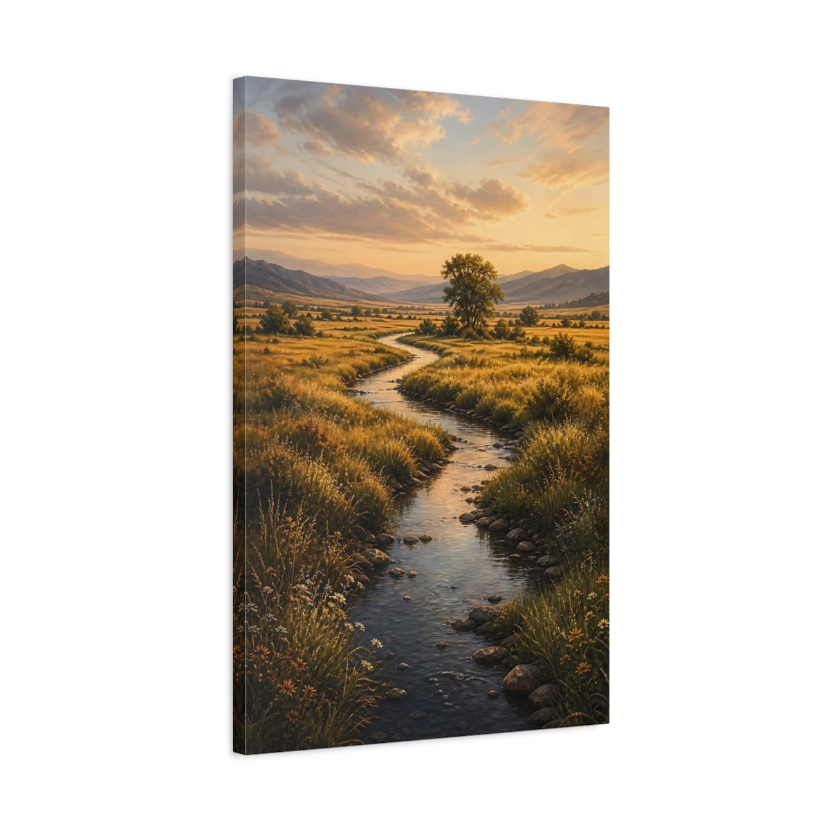 Side Mockup 2. Nature Winding River Golden Landscape shown as stretched canvas wall art