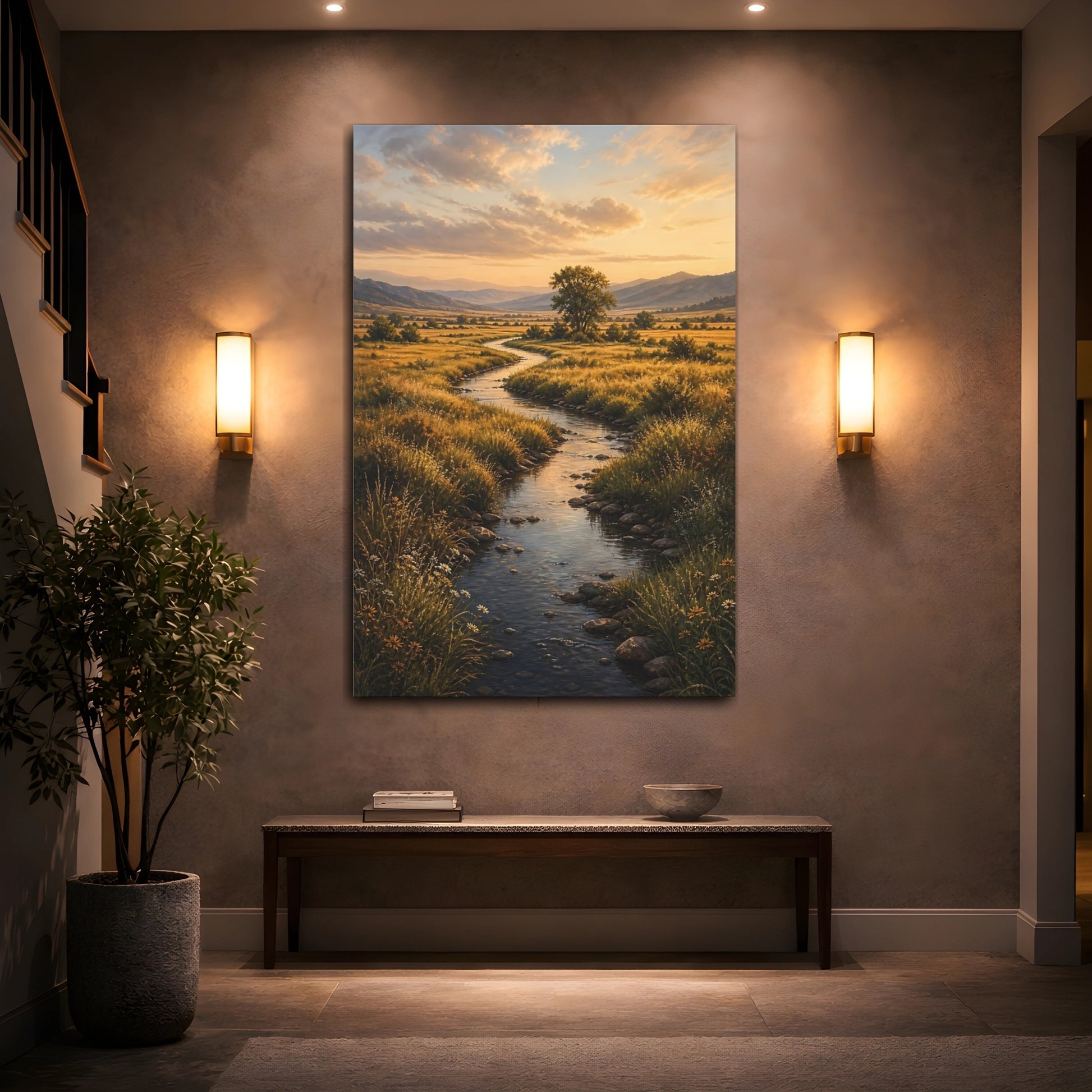 Mockup 2. Nature Winding River Golden Landscape shown as stretched canvas wall art
