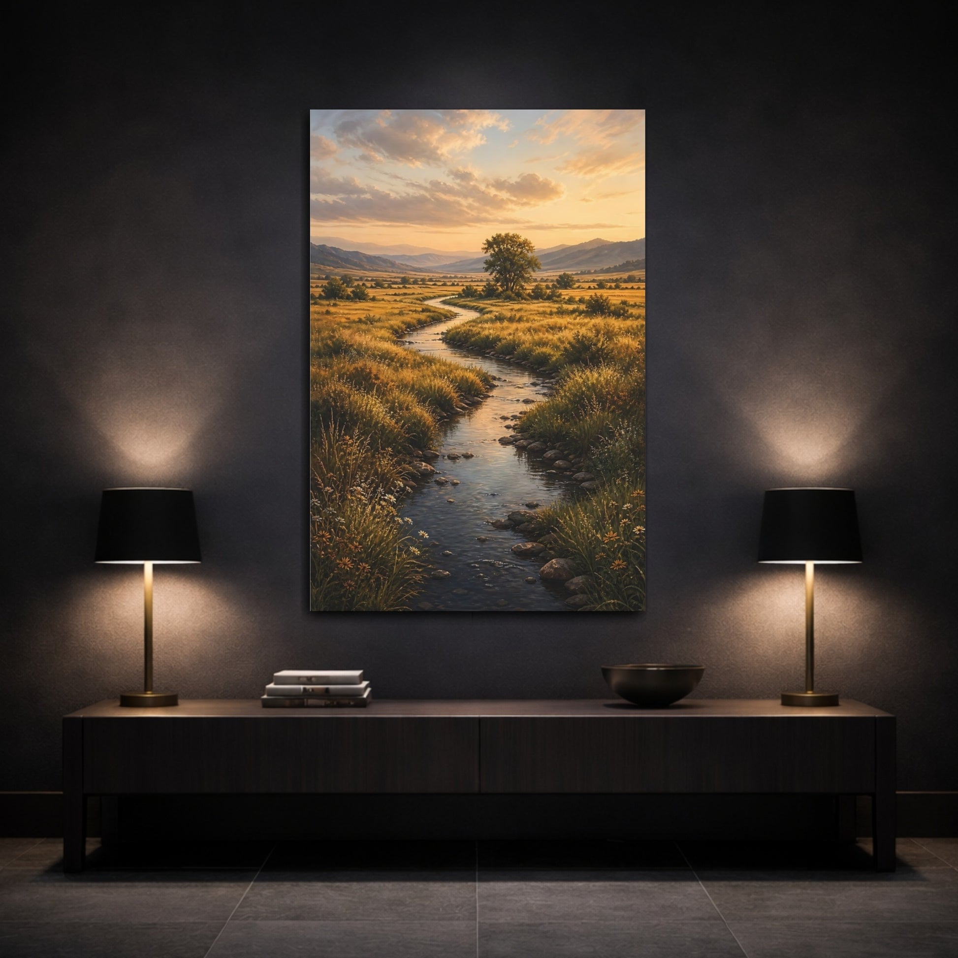Mockup 3. Nature Winding River Golden Landscape shown as stretched canvas wall art