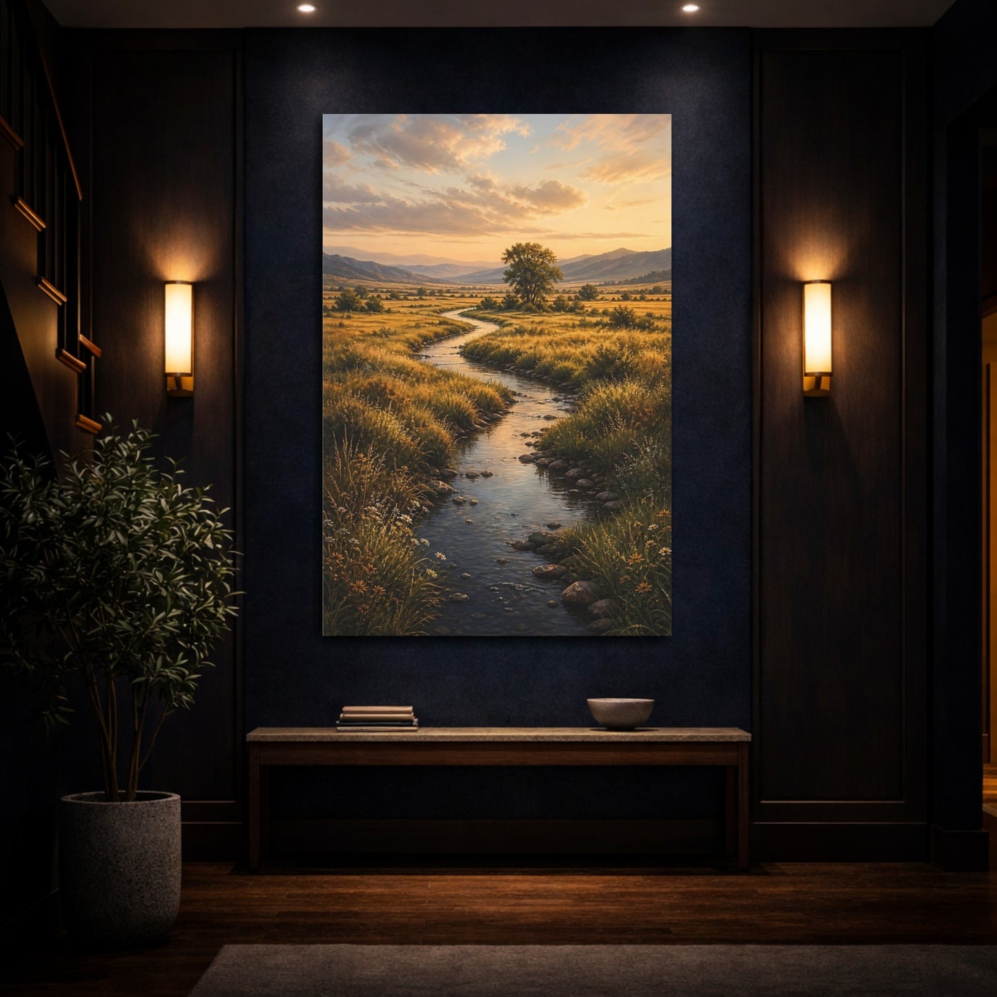 Mockup 4. Nature Winding River Golden Landscape shown as stretched canvas wall art