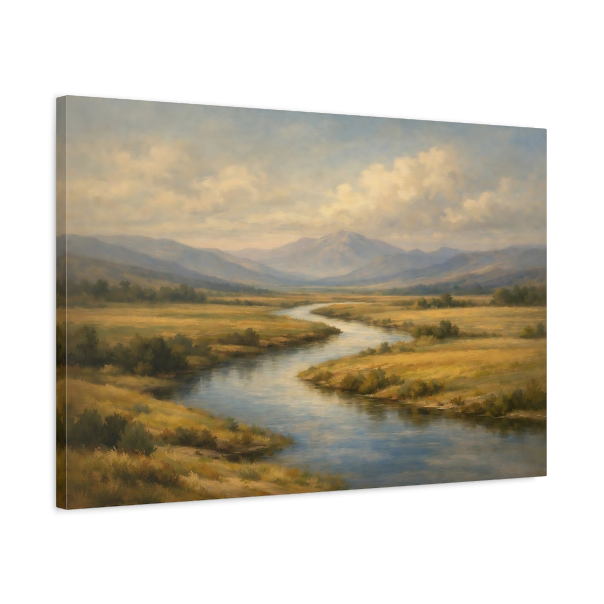 Side Mockup 2. Nature Winding River Golden Valley River shown as stretched canvas wall art