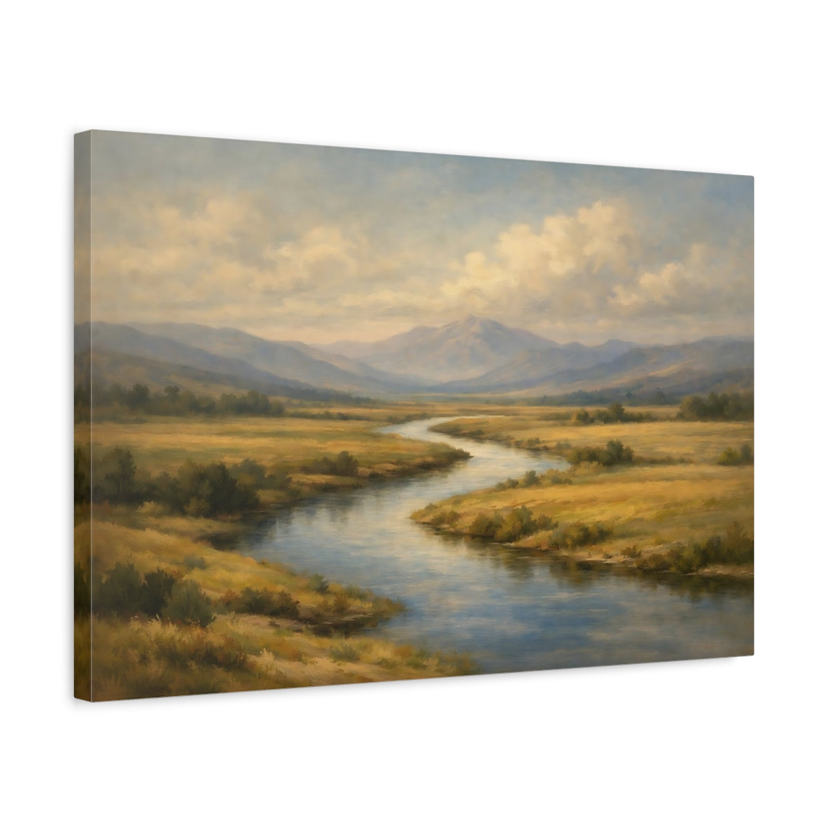 Side Mockup 3. Nature Winding River Golden Valley River shown as stretched canvas wall art