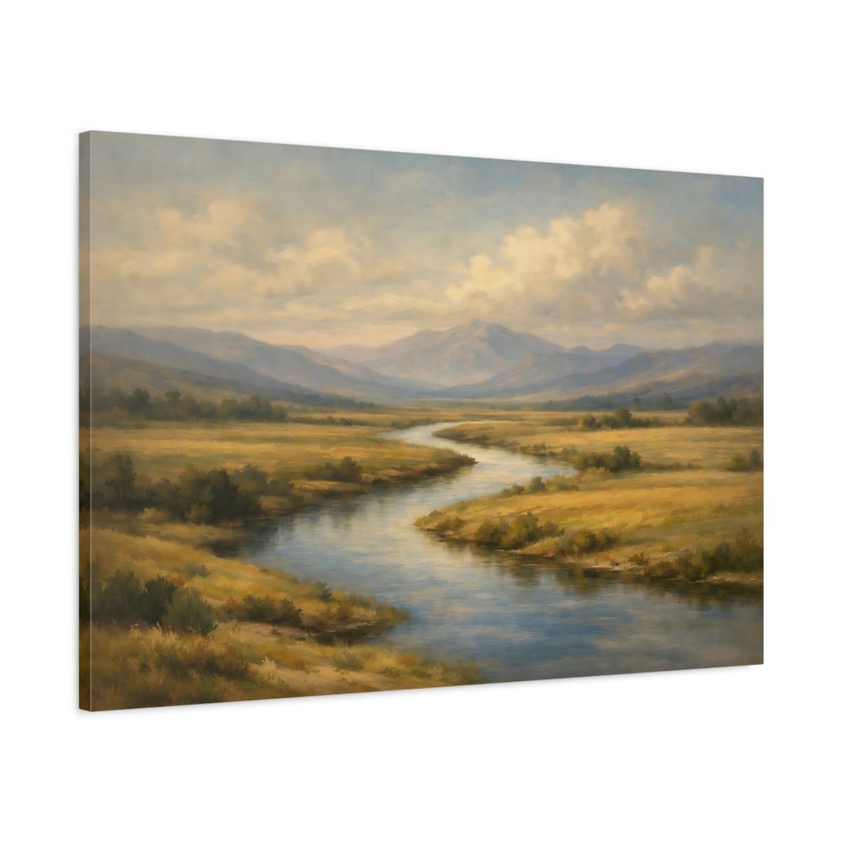 Side Mockup 1. Nature Winding River Golden Valley River shown as stretched canvas wall art