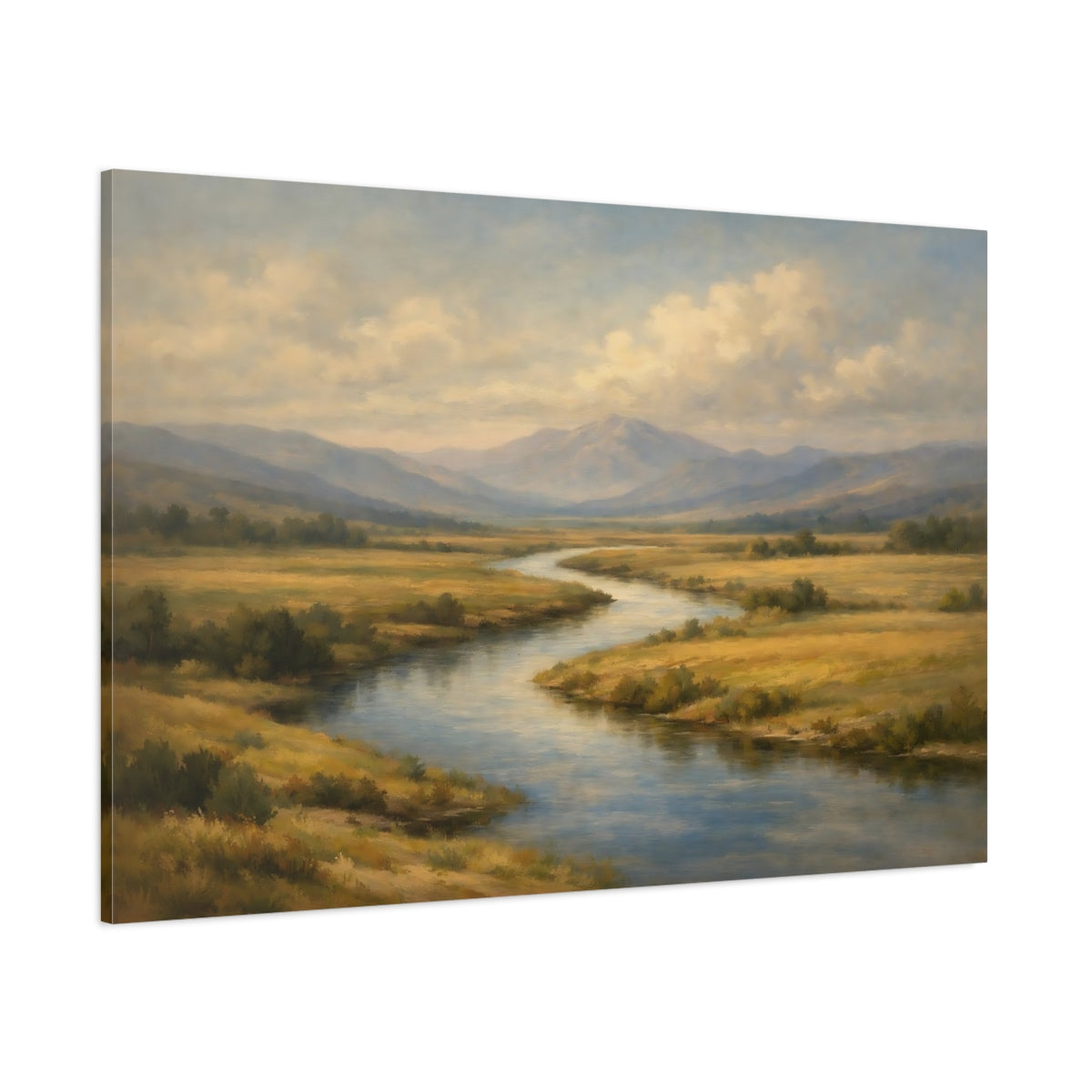 Main Mockup. Nature Winding River Golden Valley River shown as stretched canvas wall art