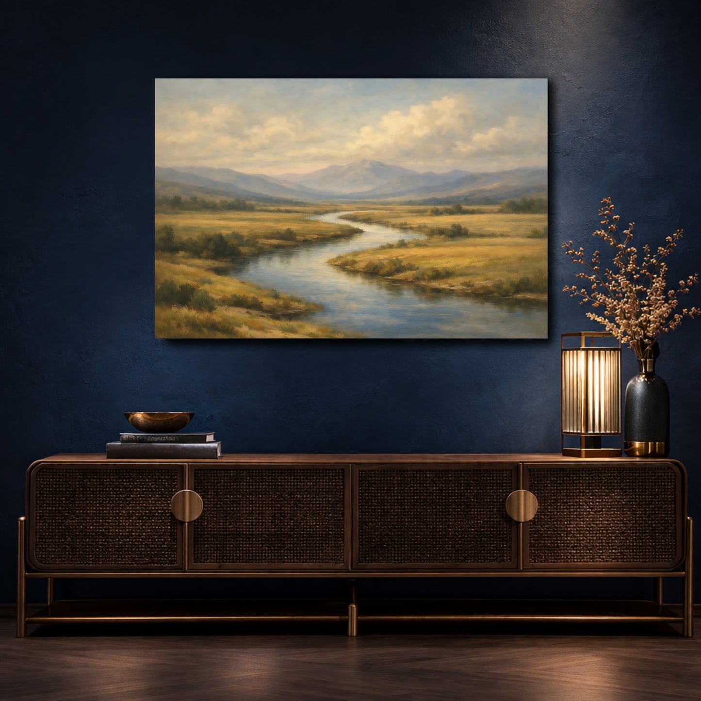 Mockup 4. Nature Winding River Golden Valley River shown as stretched canvas wall art