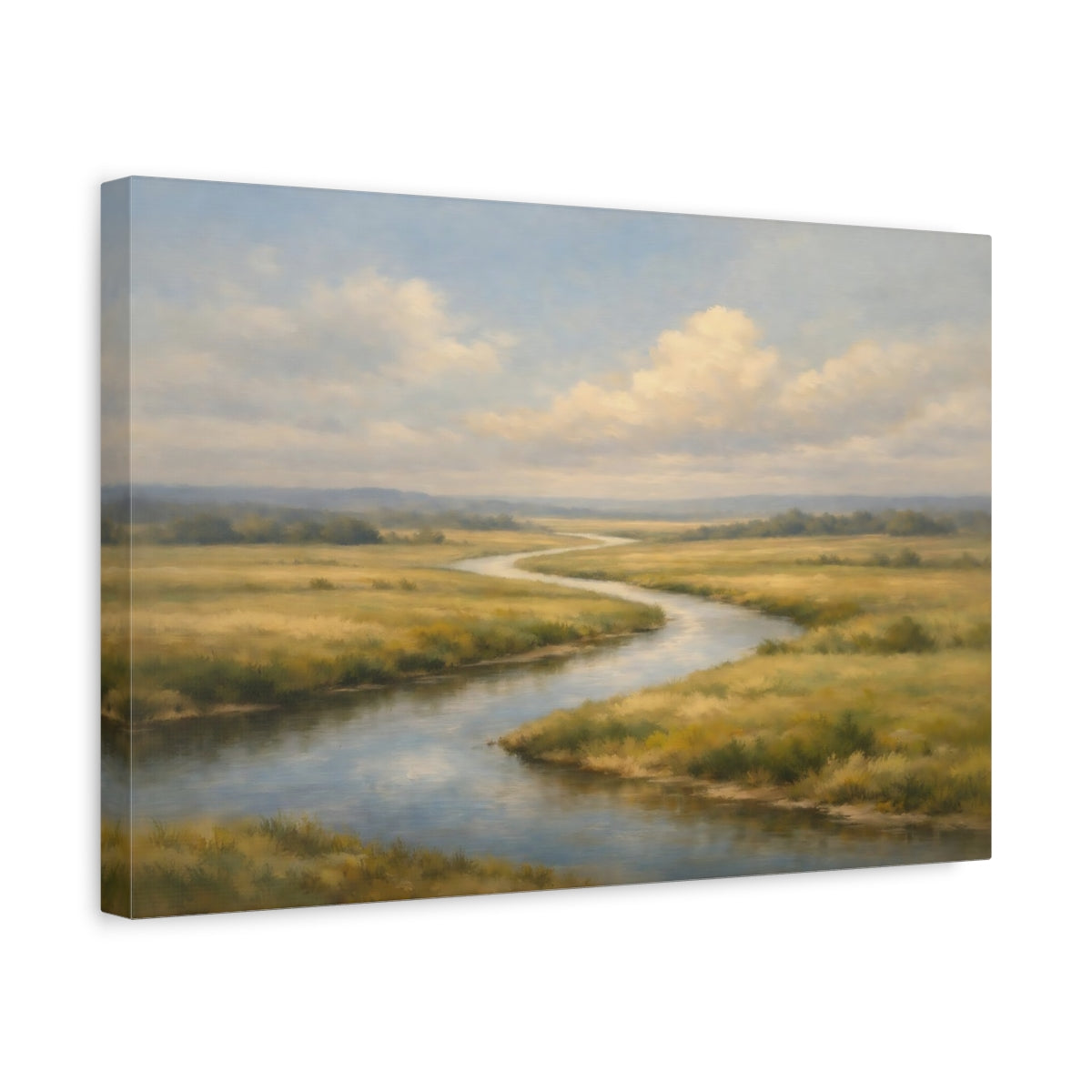 Side Mockup 4. Nature Winding River Green And Blue River shown as stretched canvas wall art