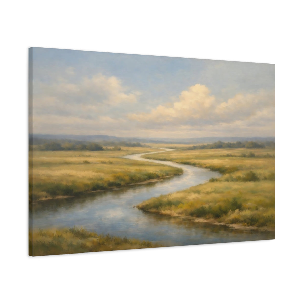 Side Mockup 1. Nature Winding River Green And Blue River shown as stretched canvas wall art