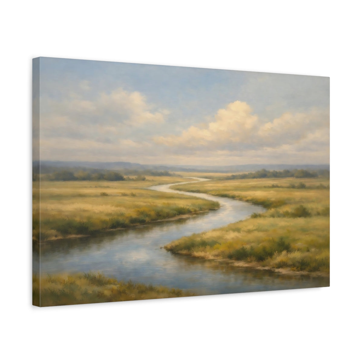 Side Mockup 3. Nature Winding River Green And Blue River shown as stretched canvas wall art