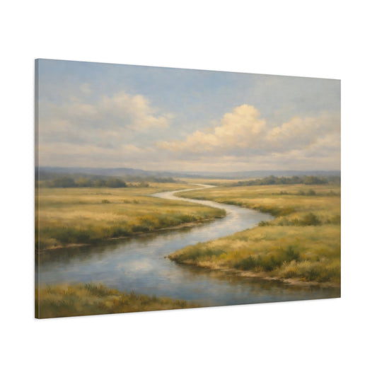Main Mockup. Nature Winding River Green And Blue River shown as stretched canvas wall art