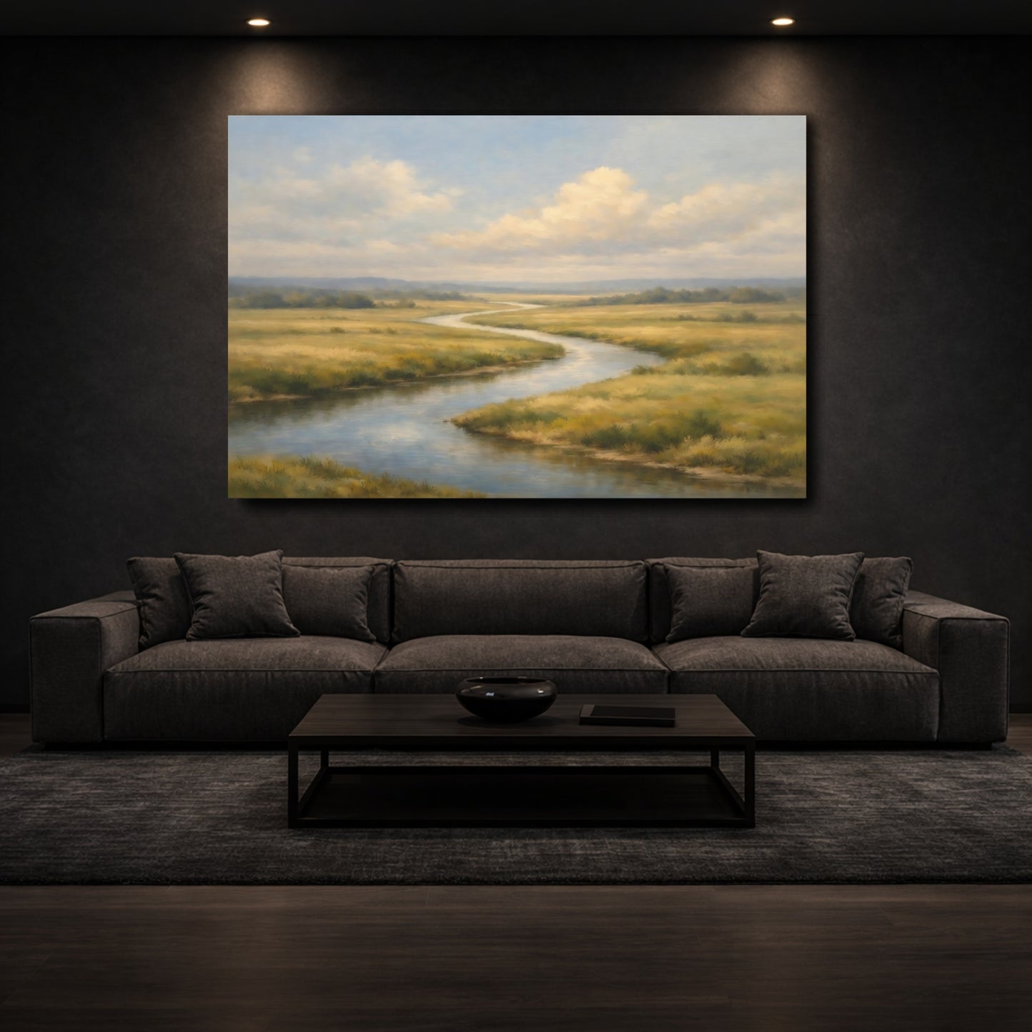 Mockup 2. Nature Winding River Green And Blue River shown as stretched canvas wall art