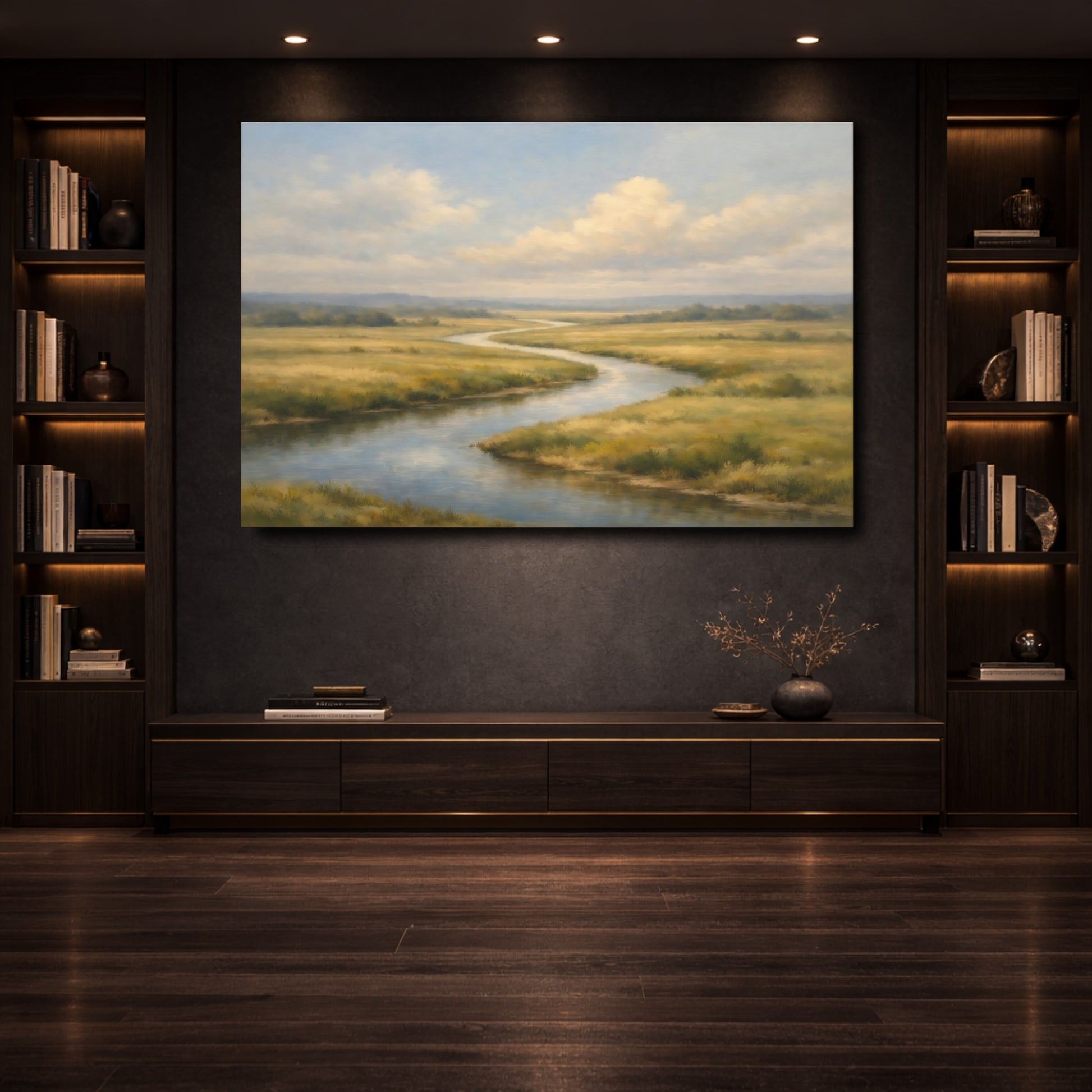 Mockup 3. Nature Winding River Green And Blue River shown as stretched canvas wall art