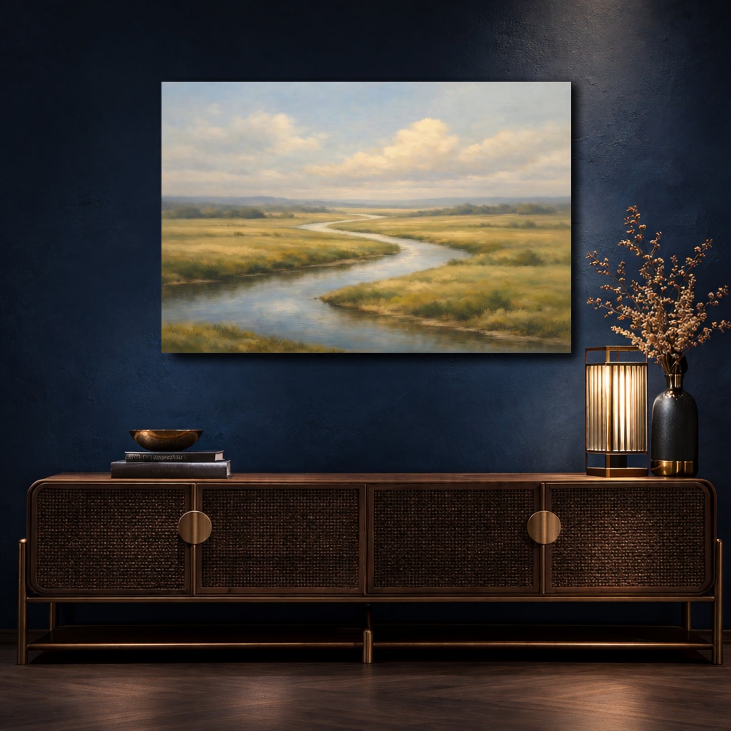 Mockup 4. Nature Winding River Green And Blue River shown as stretched canvas wall art