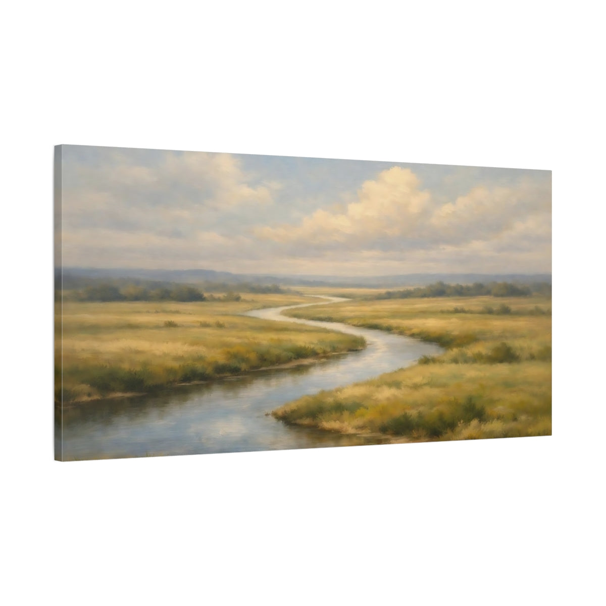 Side Mockup 1. Nature Winding River Green Gold River shown as stretched canvas wall art