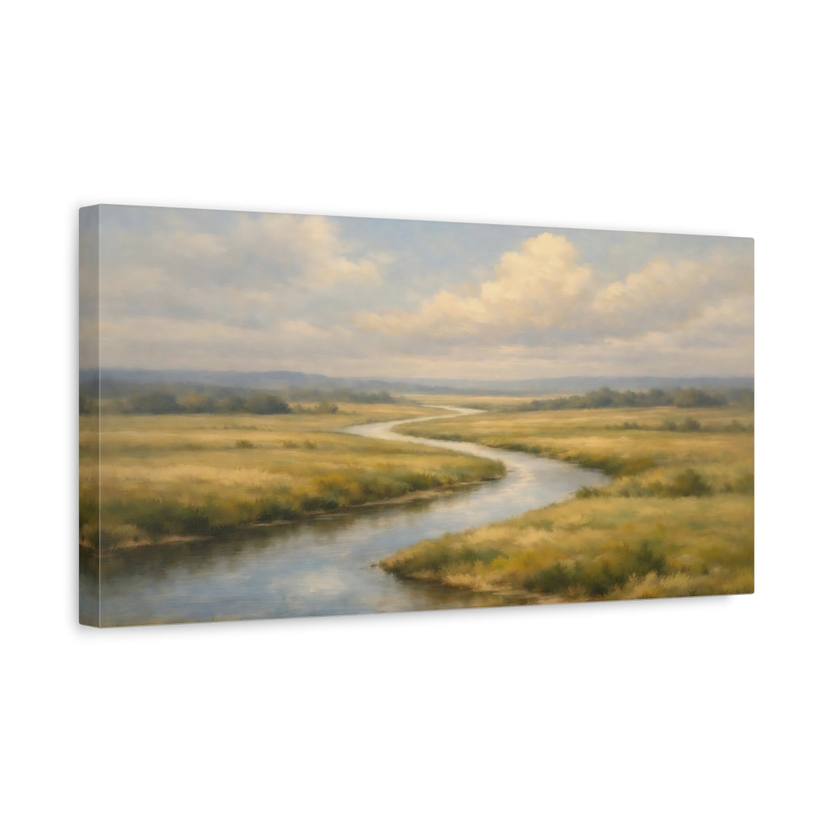 Side Mockup 3. Nature Winding River Green Gold River shown as stretched canvas wall art