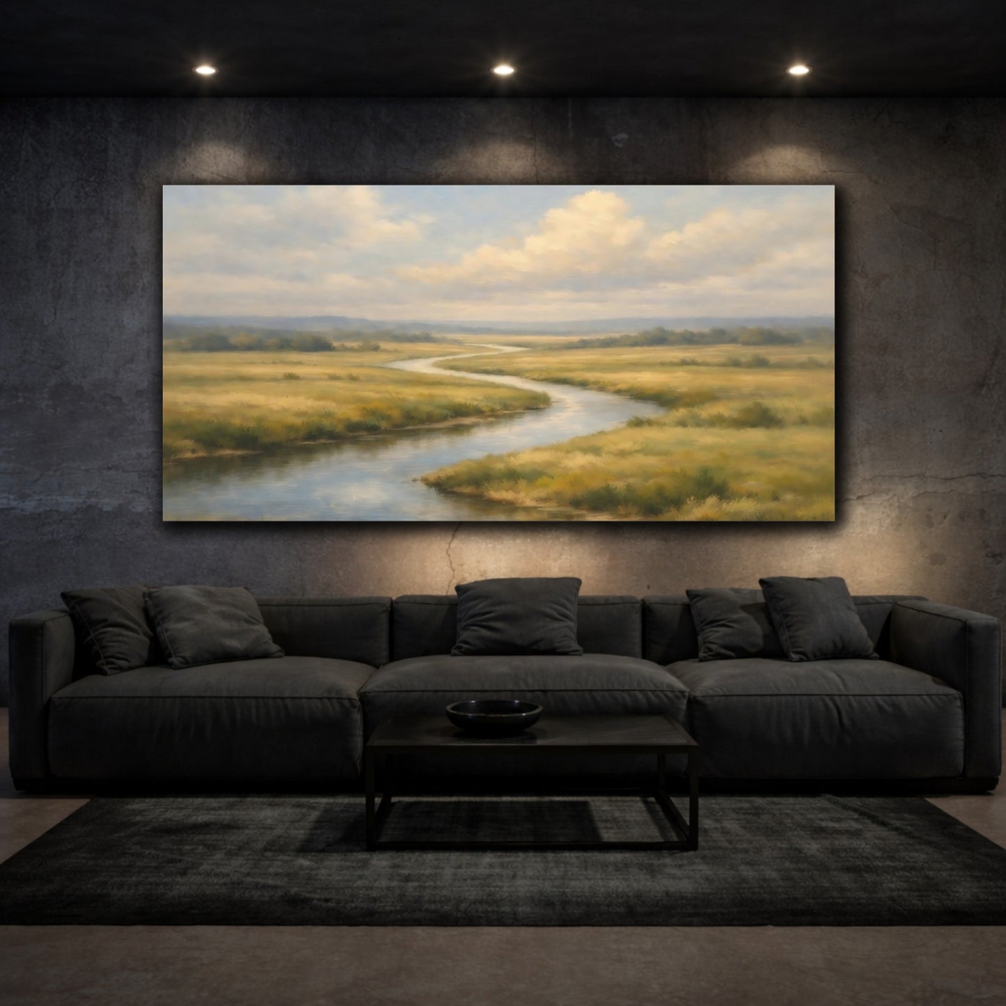 Mockup 2. Nature Winding River Green Gold River shown as stretched canvas wall art