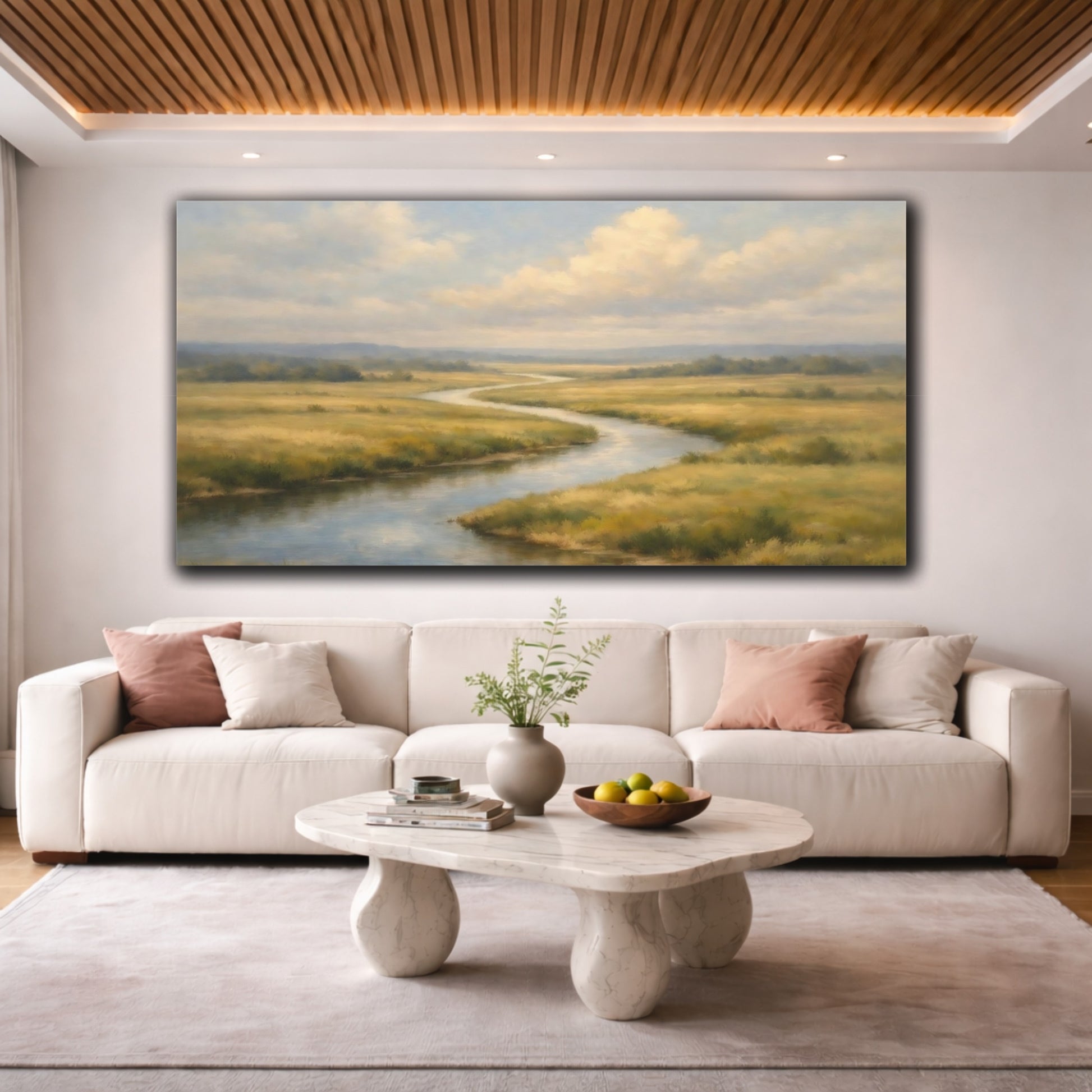 Mockup 3. Nature Winding River Green Gold River shown as stretched canvas wall art